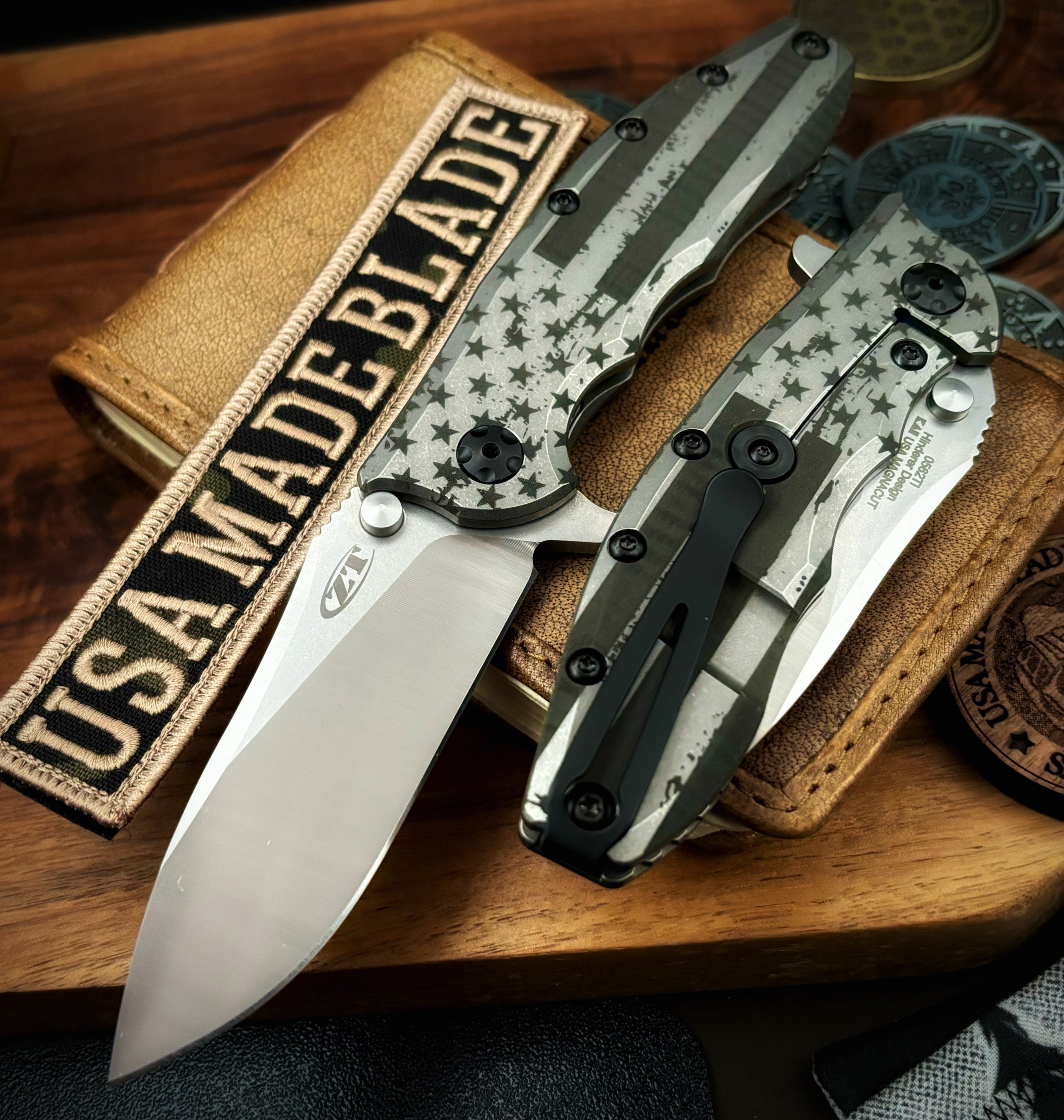 Zero Tolerance ZT0562TI Folding Knife - Magnacut Steel Blade with Engraved Stars & Stripes Design - EDC Tactical Knife for Outdoor Camping, Hunting, and Survival Gear