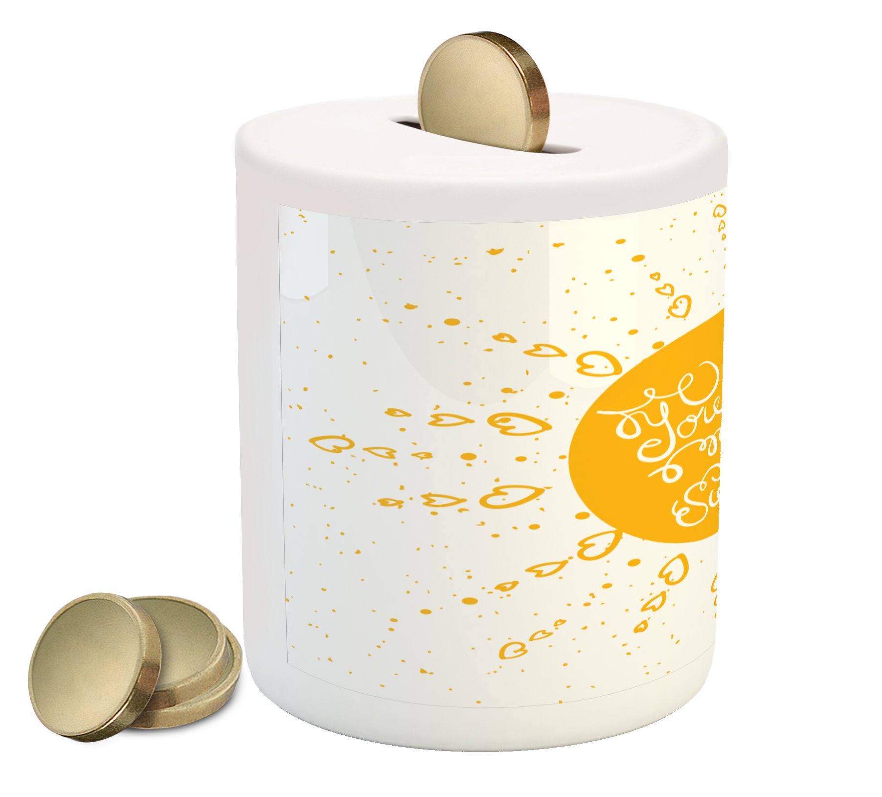 Ambesonne Ceramic Piggy Bank with Life Philosophy Illustration - Yellow Heart-Shaped Sun Design for Cash & Coin Saving | Perfect for Kids' Savings, Gifts & Home Decor
