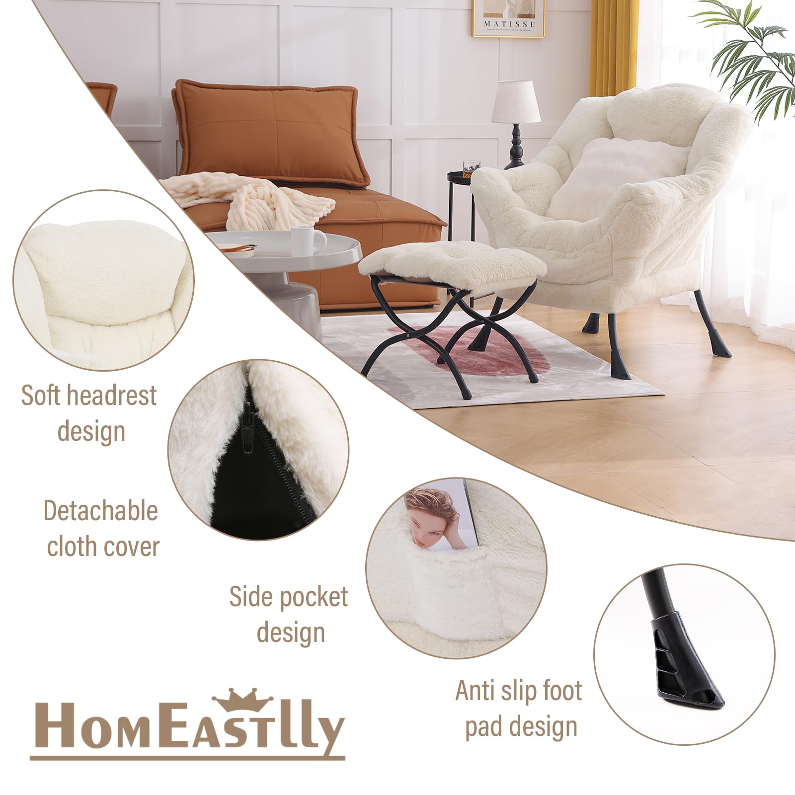 Large Lazy Chair with Ottoman - Plush Beige Accent Reading Chair with Throw Pillow, Cozy Lounge Armchair for Living Room, Bedroom & Dorm | Perfect for Relaxing, Reading & Napping