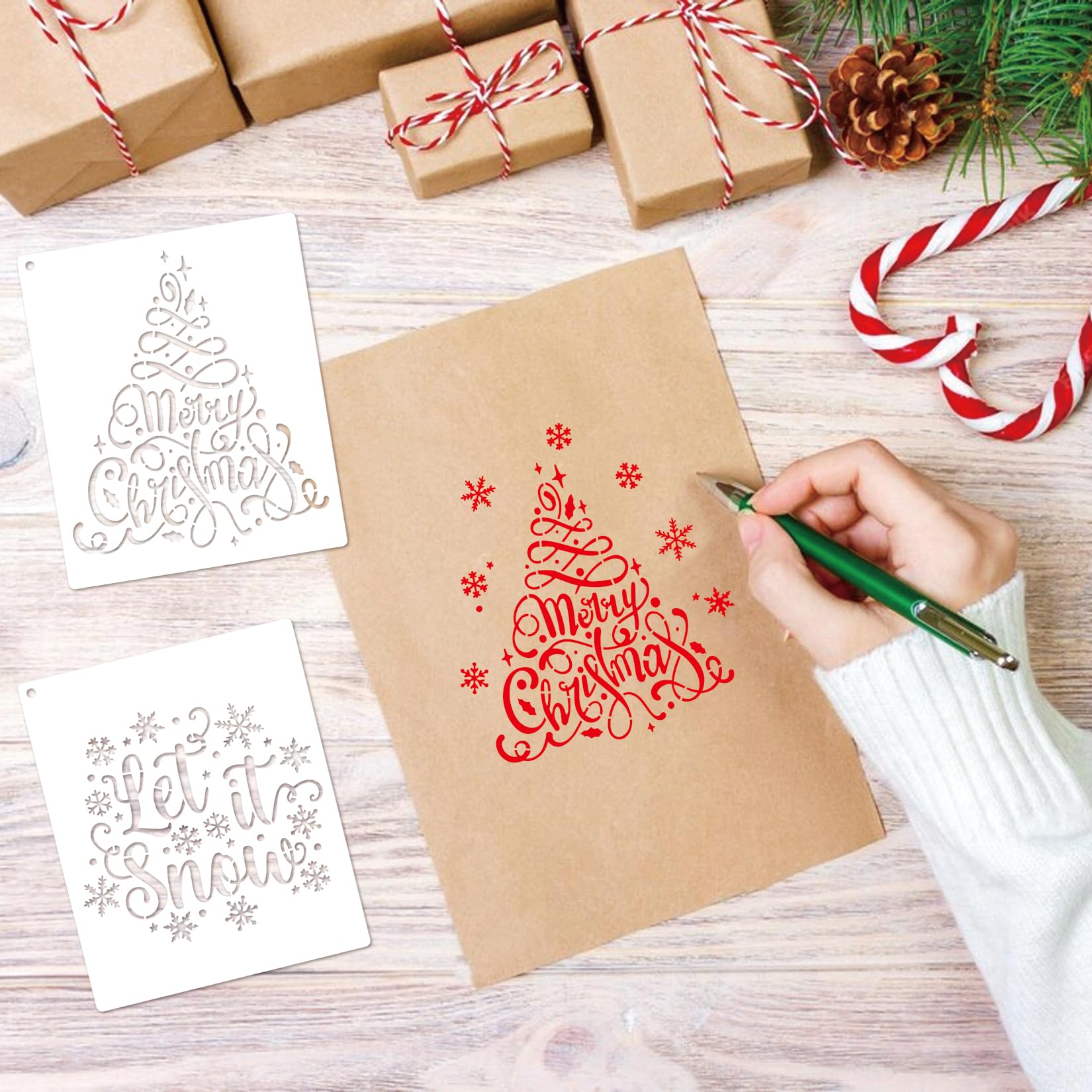 9 Pcs Reusable Merry Christmas Stencils for Crafts - Let It Snow Holiday Painting Templates for Wood, Windows, Cards & Scrapbooking (6x5 Inch) - Perfect for DIY Christmas Decorations, Gift Wrapping & Holiday Projects