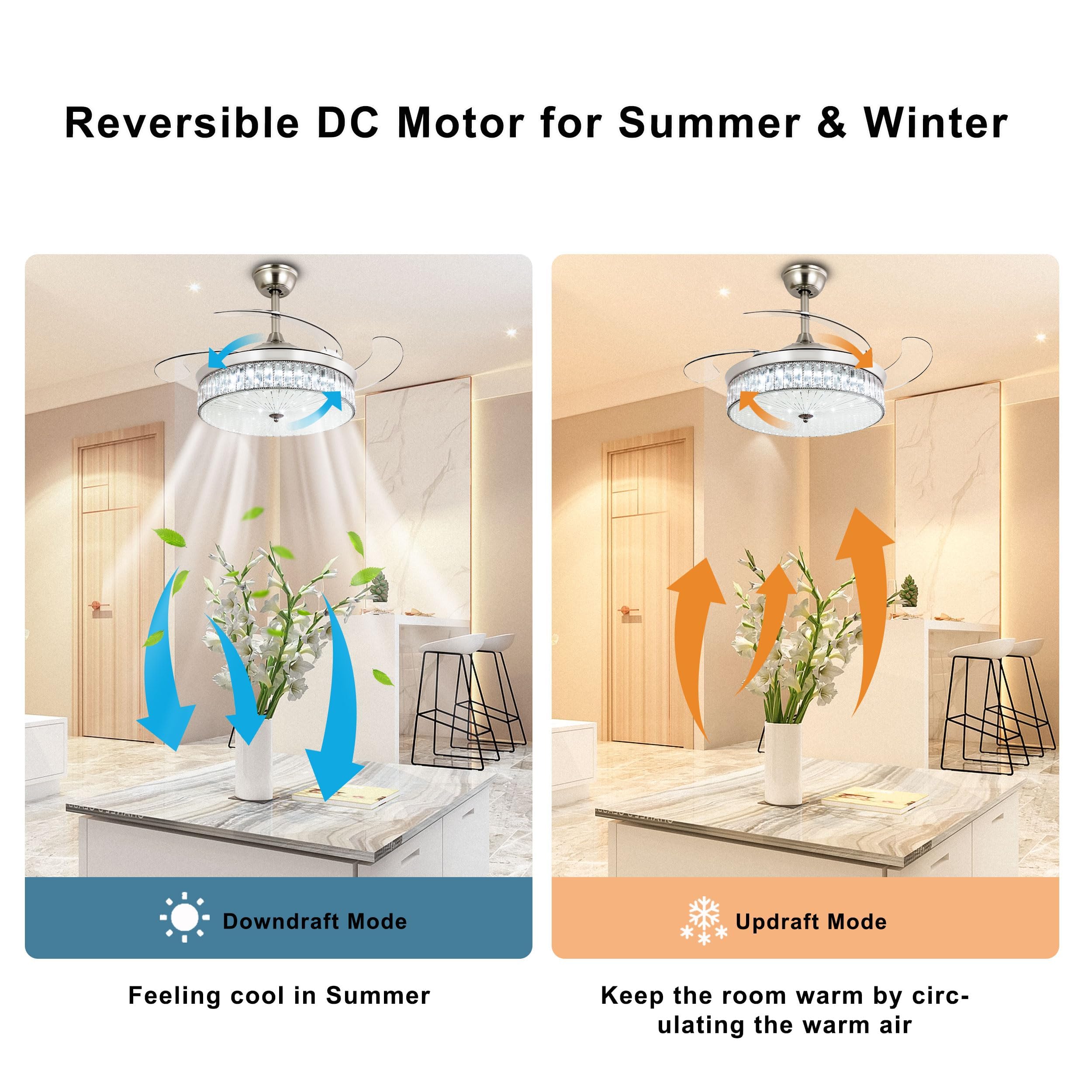 Ohniyou 42 Inch Retractable Ceiling Fan with Lights and Remote Control - Crystal Chandelier Ceiling Fan Indoor, Chrome Silver Finish - Perfect for Bedroom, Living Room, Dining Room and Home Office