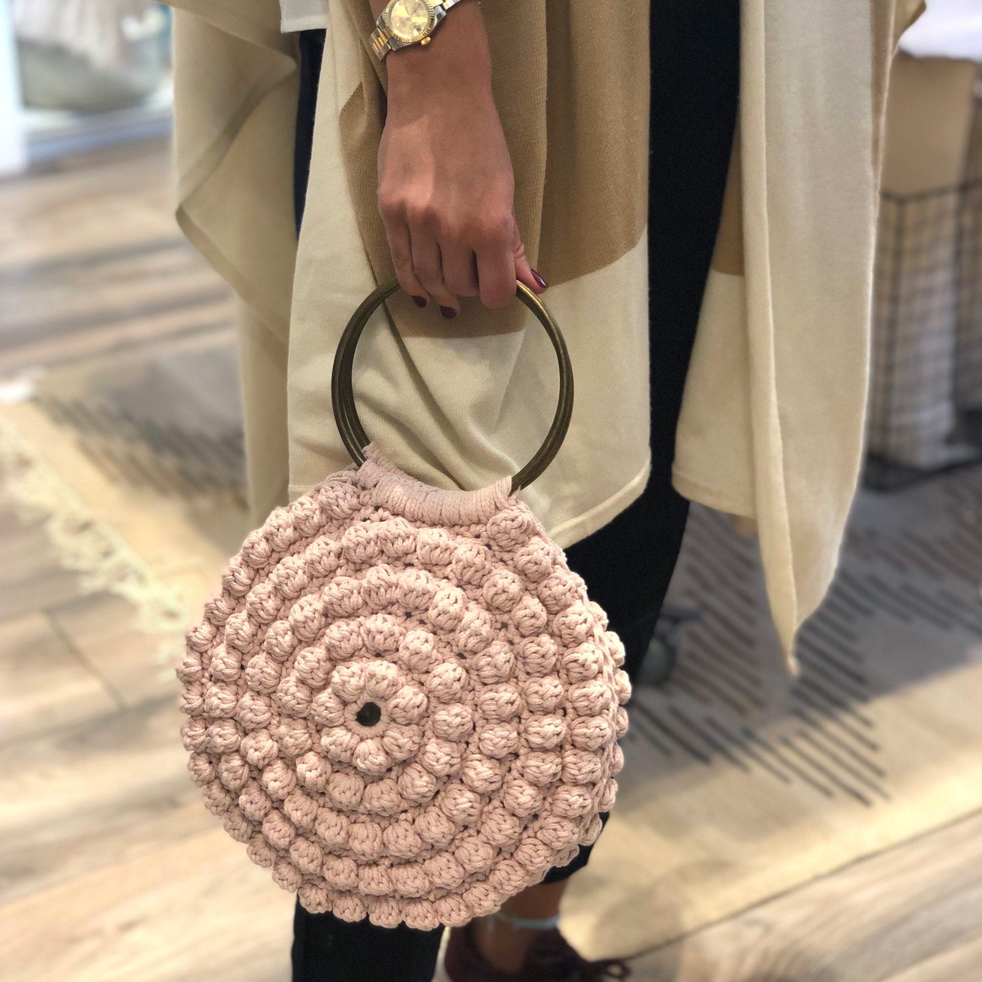 Crochet Bobble Bag Dusty Pink - Trendy Handmade Knit Shoulder Purse for Women, Perfect for Shopping, Beach & Casual Outings