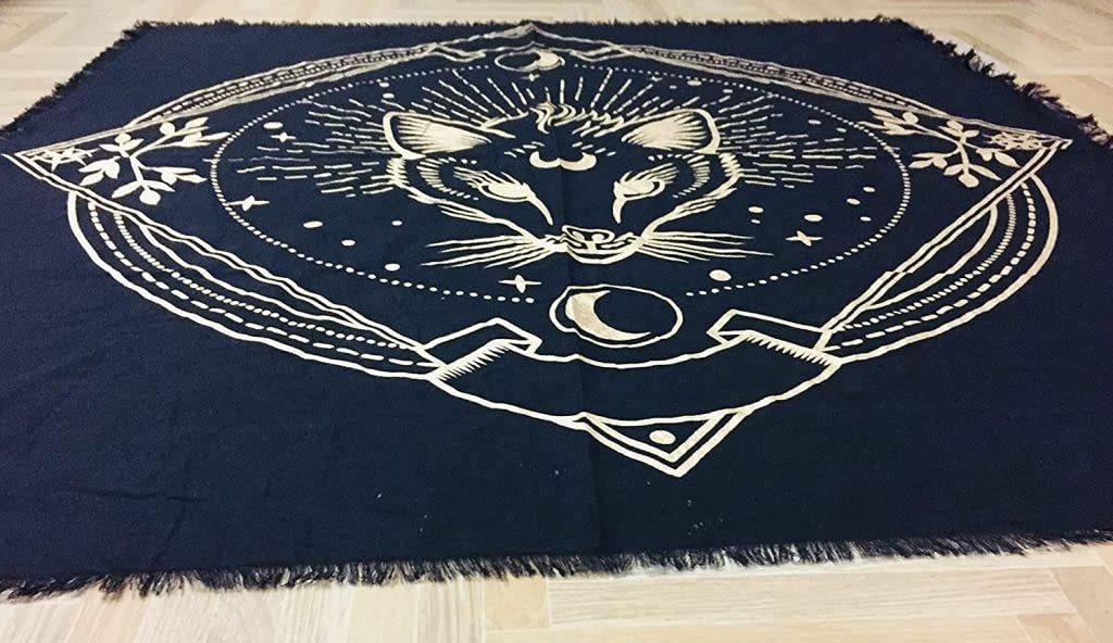 YUVANCRAFTS Indian Altar Cloth - Gold Printed Tarot Table Runner & Wall Hanging Tapestry (24x24 Inch, Black) - Perfect for Spiritual Rituals, Meditation Spaces, Boho Home Decor & Yoga Room Aesthetics | Ideal for Puja Altar, Wiccan Ceremonies, and Bohemian Living Room Decor
