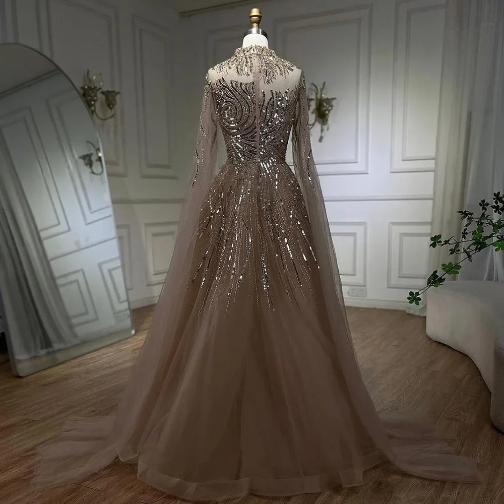 Serene Hill Caramel Luxury Evening Gown with Cape Sleeves - A-Line Beaded Lace Wedding Dress for Women | 2025 LA72386 | Perfect for Formal Events, Bridal Parties & Red Carpet Occasions