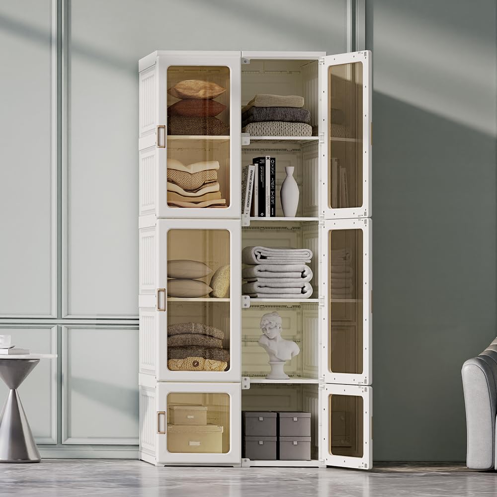 Portable Closet Organizer with Transparent Door Panels - 10-Cube Plastic Wardrobe with Magnetic Door, Easy Assembly for Clothes Storage | Perfect for Bedroom, Living Room & Small Space Organization