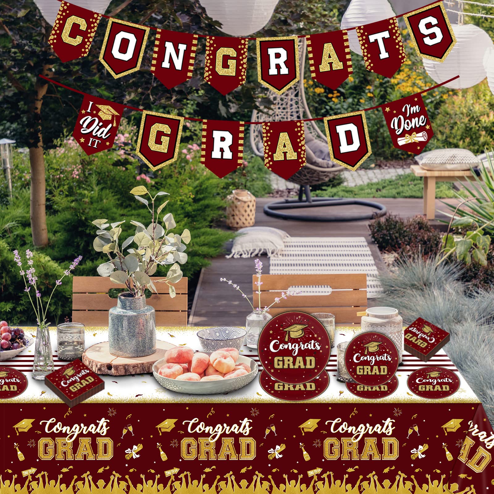 2025 Graduation Party Supplies Kit - Maroon & Gold Decorations for 24 Guests | Includes Congrats Grad Banner, Plates, Tablecloth, Napkins | Perfect for High School & College Graduation Celebrations