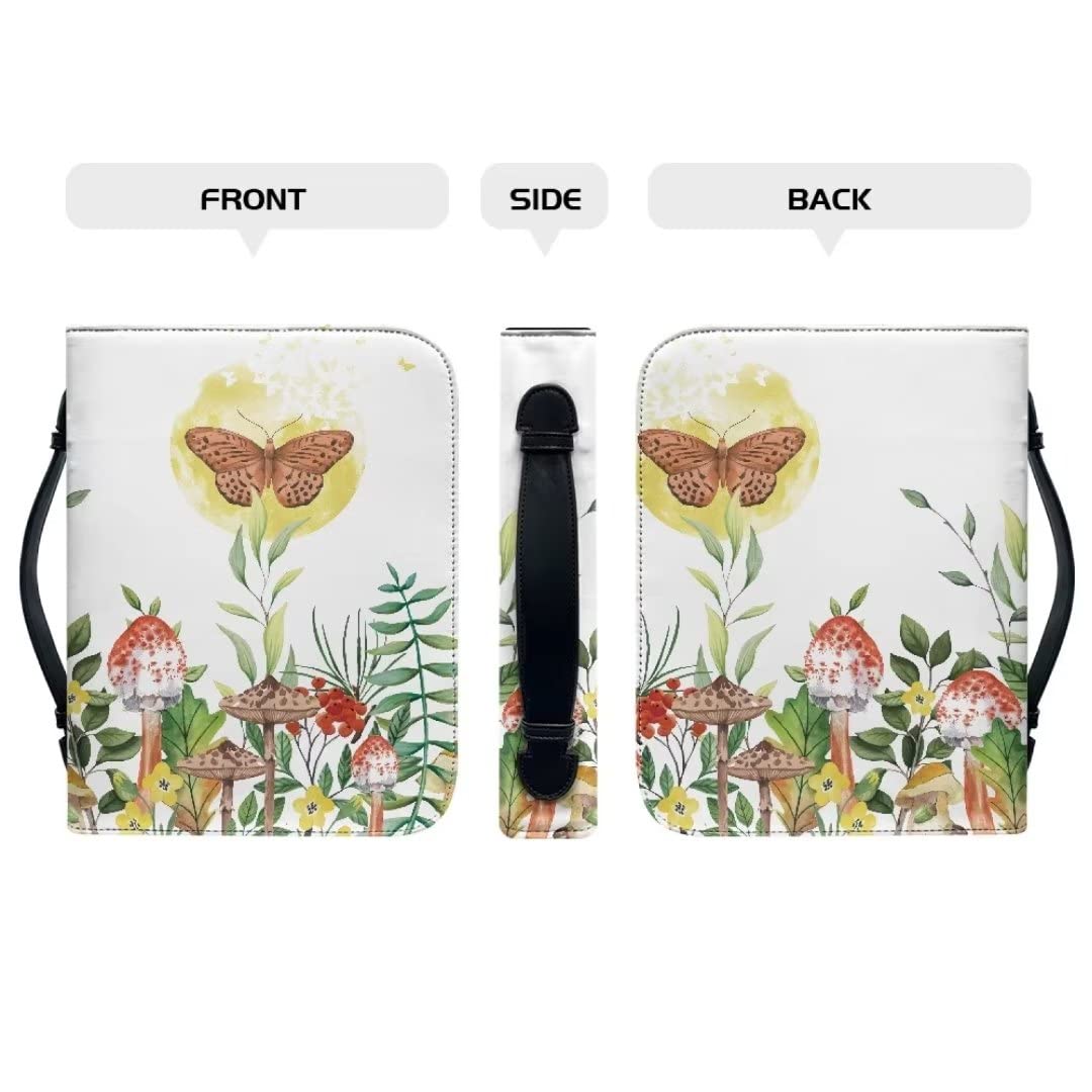 Floral Butterfly Mushroom Bible Cover for Women & Men - 11.2x8x2.2 Inch Leather Zippered Church Bag with Bookmark & Pocket - Perfect Gift for Bible Study, Church Services & Travel