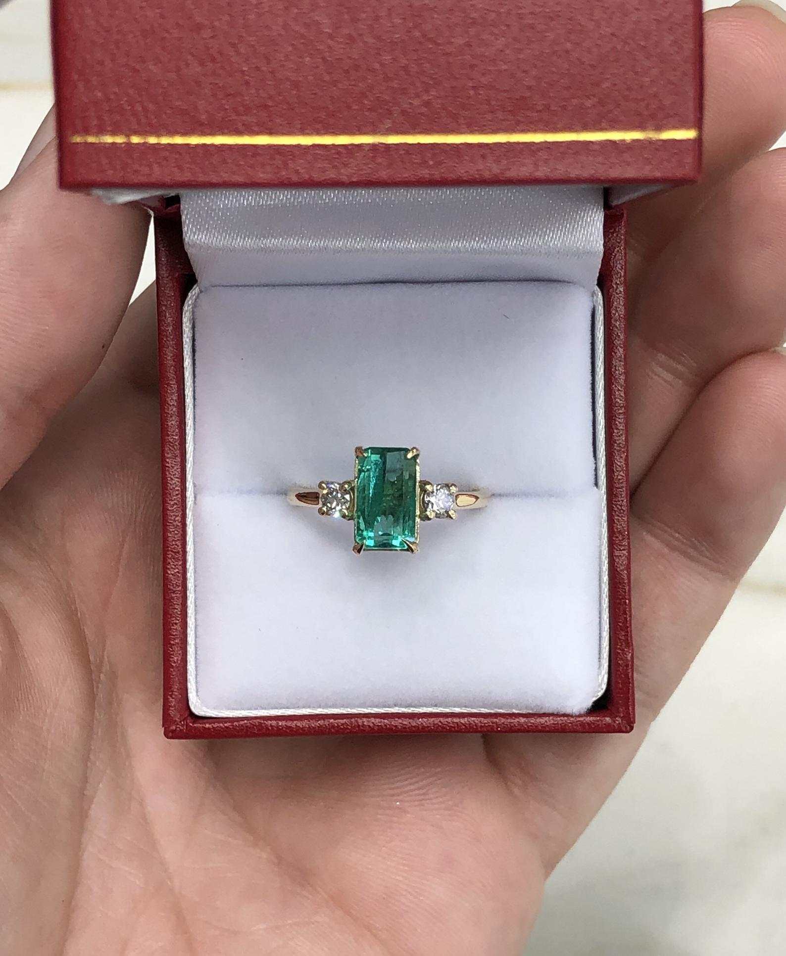 2.05tcw Three Stone Claw Prong Emerald Cut & Round Diamond Ring in 14K Gold - Perfect for Engagement, Anniversary & Special Occasions
