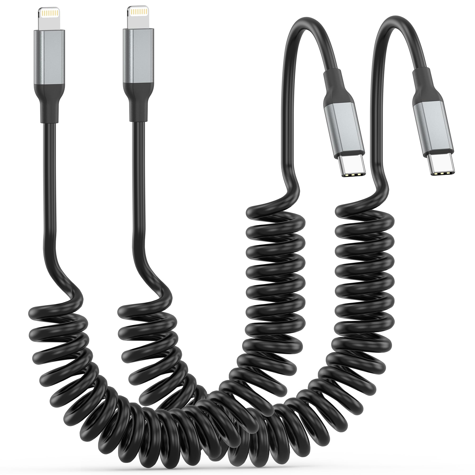 MFi Certified Coiled USB C to Lightning Cable 2 Pack - Retractable Fast Charging Cord for iPhone 14/13/12/11 Pro Max/XS/XR/8/SE & iPad - PD Compatible Short Car Charger for Apple CarPlay | Perfect for Travel, Office & Vehicle Use