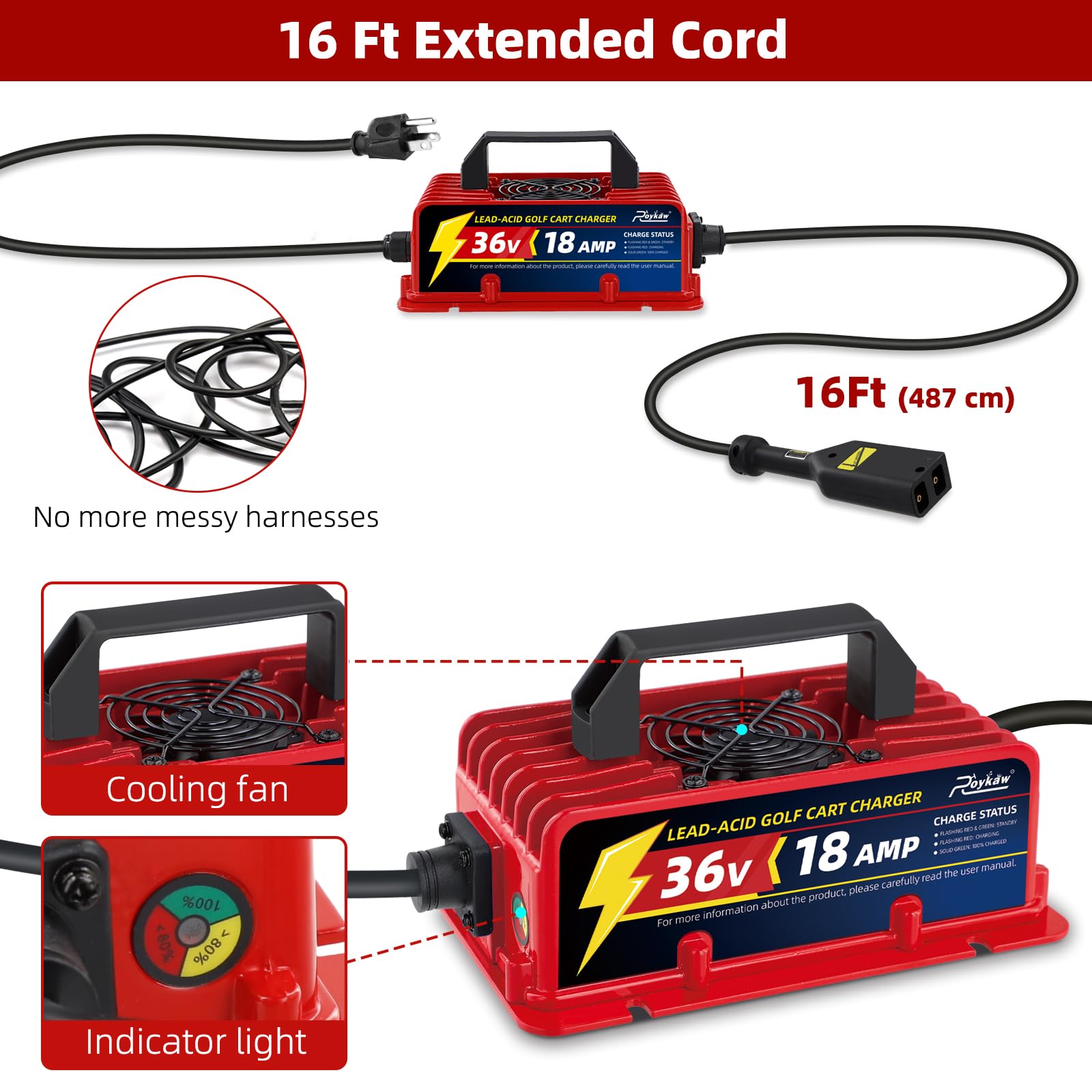 Roykaw 18 Amp 36 Volt Golf Cart Battery Charger - Compatible with EZGO TXT Electric Models, Lead Acid Battery Charger with D Type Plug - Replacement for Powerwise 36v Golf Cart Charger - Perfect for Home, Golf Course & RV Use