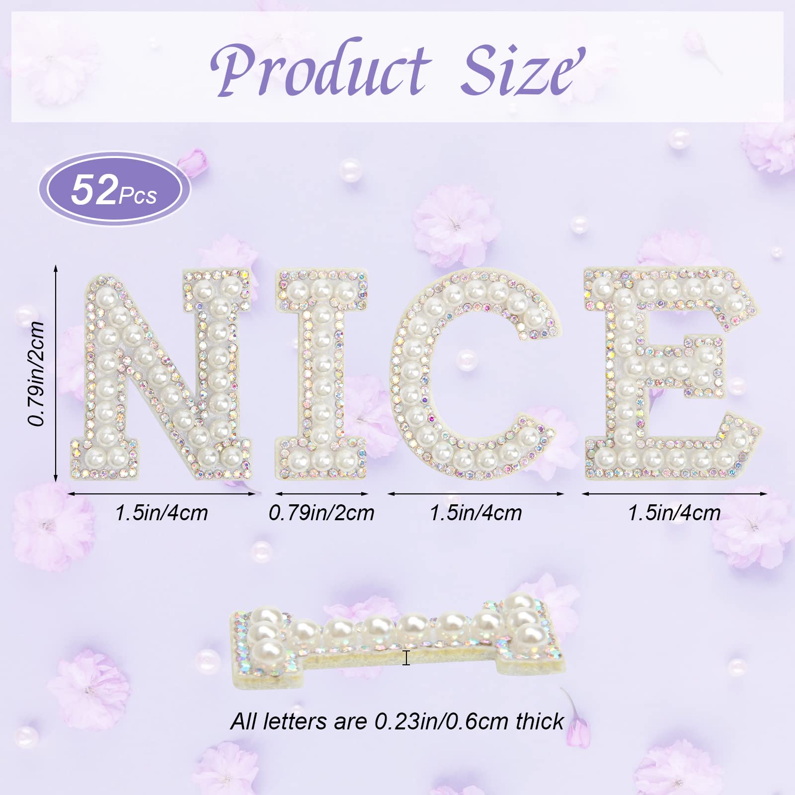 52 Pcs White Pearl Rhinestone Iron-On Letters A-Z Alphabet Patches for DIY Crafts, Hats, Clothing & Accessories – Perfect for Customizing Jackets, Bags, and Home Decor (Glitter Applique)