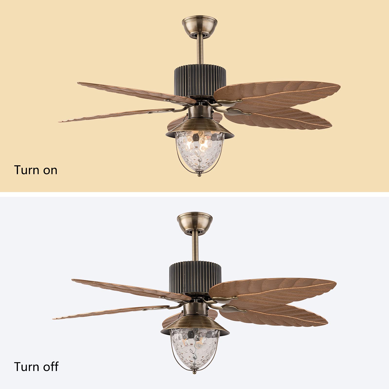 52 Inch Tropical Ceiling Fan with 5 Palm Leaf Blades - 3 Speed Reversible Remote Control, E27 Bulb Glass Light Cover - Indoor/Outdoor Use for Living Room, Bedroom, Patio - Brown