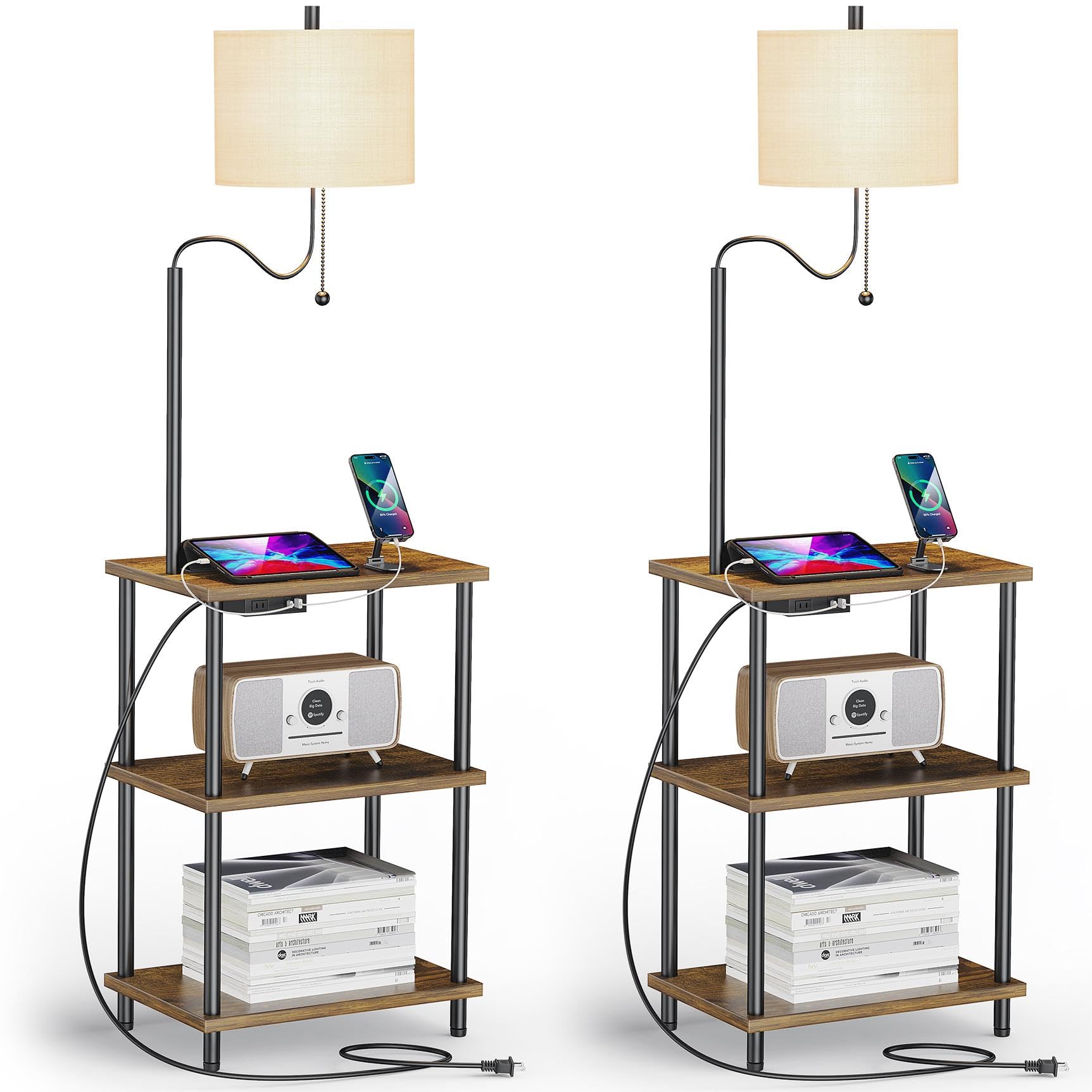 2-Pack Floor Lamp with Side Table - USB & Type-C Charging Ports, Power Outlet, Bedside Nightstand with Shelves - Modern Standing Reading Light for Living Room & Bedroom (Brown) | Perfect for Cozy Reading Nooks & Bedside Convenience