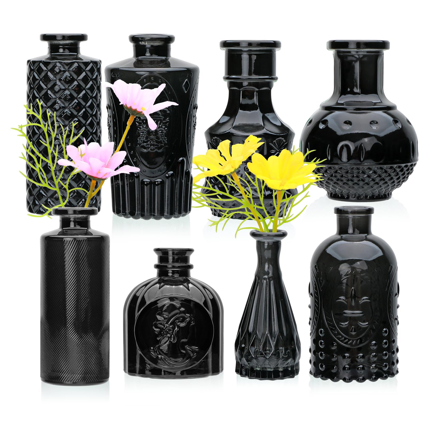 Brajttt Black Glass Flower Vase Set of 8 - Elegant Mini Bud Vases for Home & Office Decor | Perfect for Weddings, Living Room, Bedroom & Office Decorations | Artistic Cultural Centerpiece for Tabletop & Shelf Displays