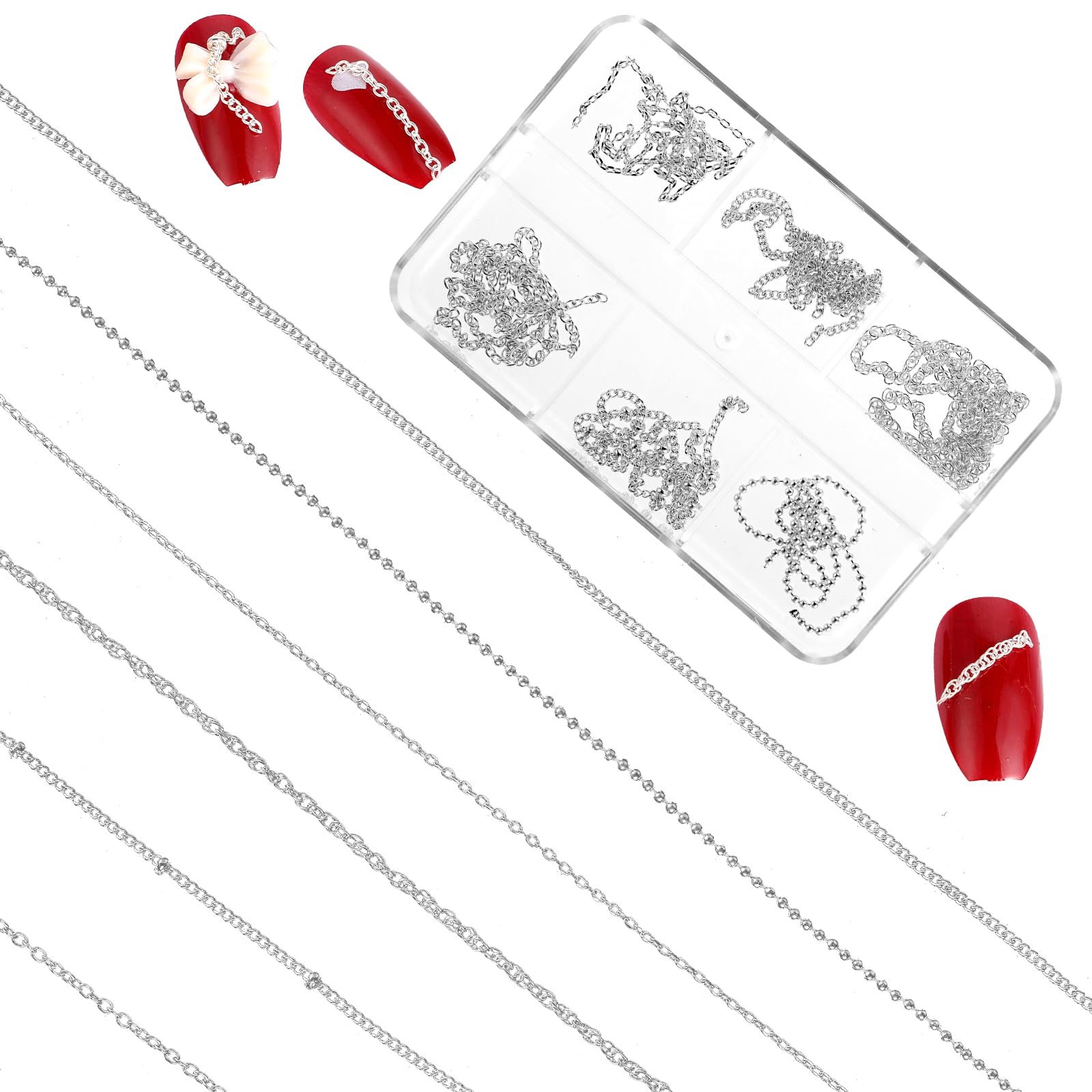 6 Strips Silver Chain Nail Charms - 3D Nail Art Accessories for Punk & Gothic Style, DIY Metal Nail Caviar Beads - Perfect for Nail Decoration, Salon Use & Party Nail Art Designs