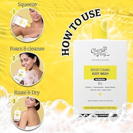 Brightening Vitamin C Body Wash for Glowing Skin - Reduces Dark Spots & Evens Skin Tone with Alpha Arbutin & 30X Vitamin C | Camu Camu Infused | Unisex Shower Gel for Women & Men | 236ml | Perfect for Daily Skincare Routine & Post-Workout Refreshment