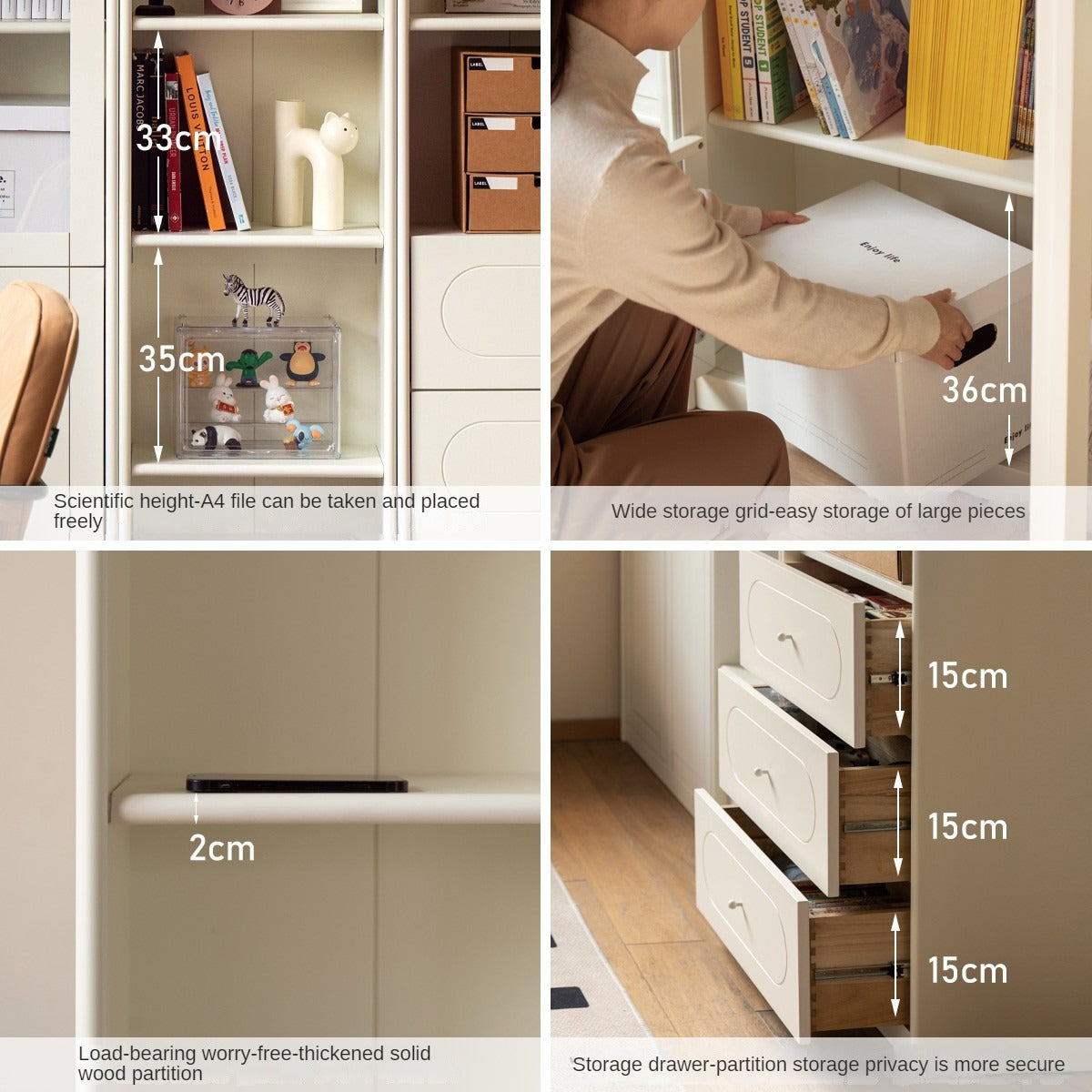 French Cream Style Poplar Solid Wood Bookcase with Glass Door - Whole Wall Combination for Living Room, Office & Library Storage