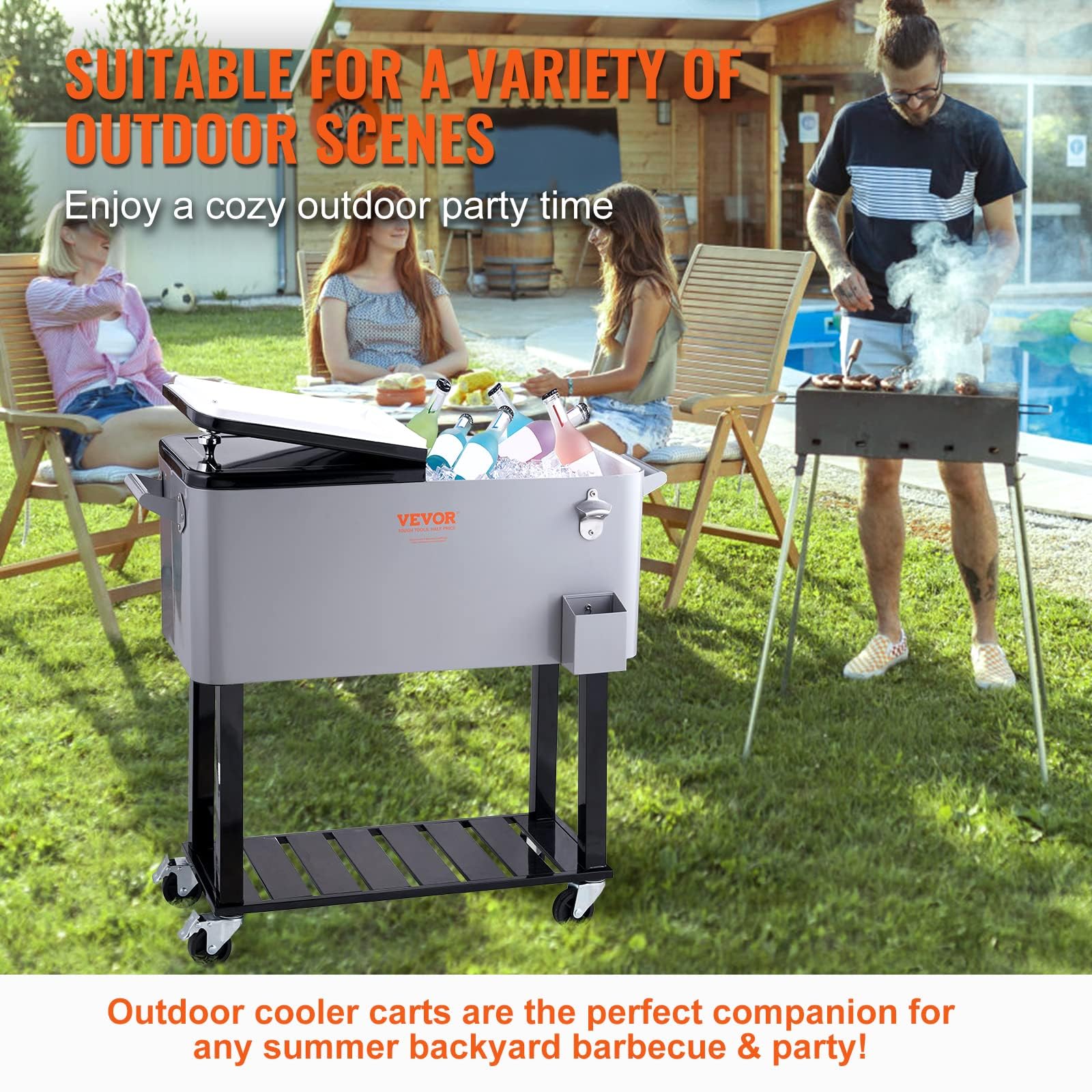 VEVOR 80 Quart Rolling Ice Chest Cooler Cart with Wheels & Handles - Portable Beverage Cooler for Drinks, Beer, Wine - Outdoor Bar Cart for Patio, Backyard, Pool Parties, Camping & Tailgating - Includes Bottle Opener (Silver)
