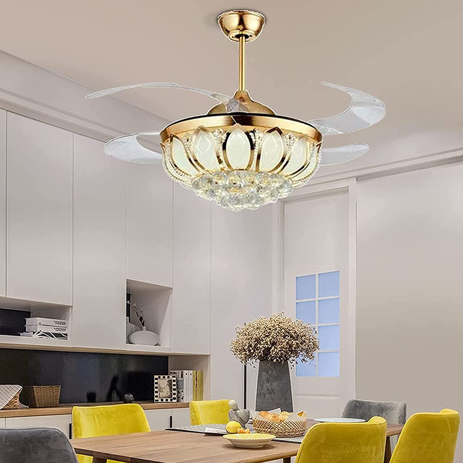 42 Inch Modern Gold Crystal Chandelier Ceiling Fan with LED Light & Remote Control - Retractable Blades, Quiet DC Motor - Perfect for Dining Room, Bedroom, Living Room & Home Decor