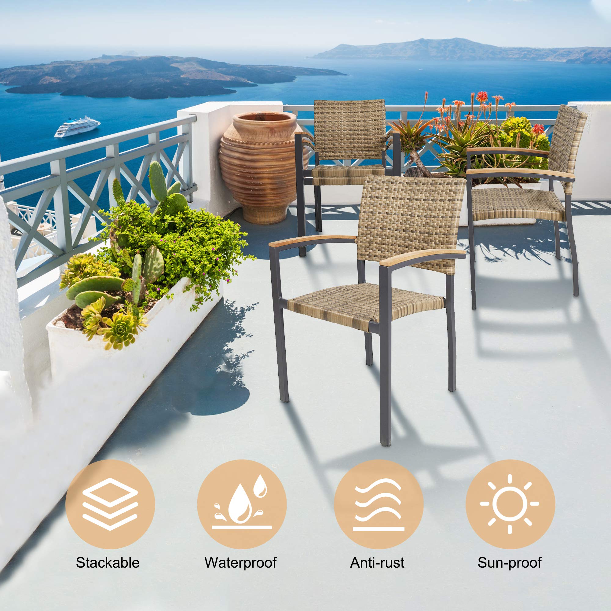 TRY & DO 4-Piece Patio Dining Chairs Set - Outdoor Stackable Wicker Chairs with Wooden Armrests, PE Rattan & Aluminum Frame - Perfect for Garden, Balcony, Lawn & Indoor Use (Brown) | Durable Outdoor Furniture for Entertaining, Relaxing & Dining Al Fresco