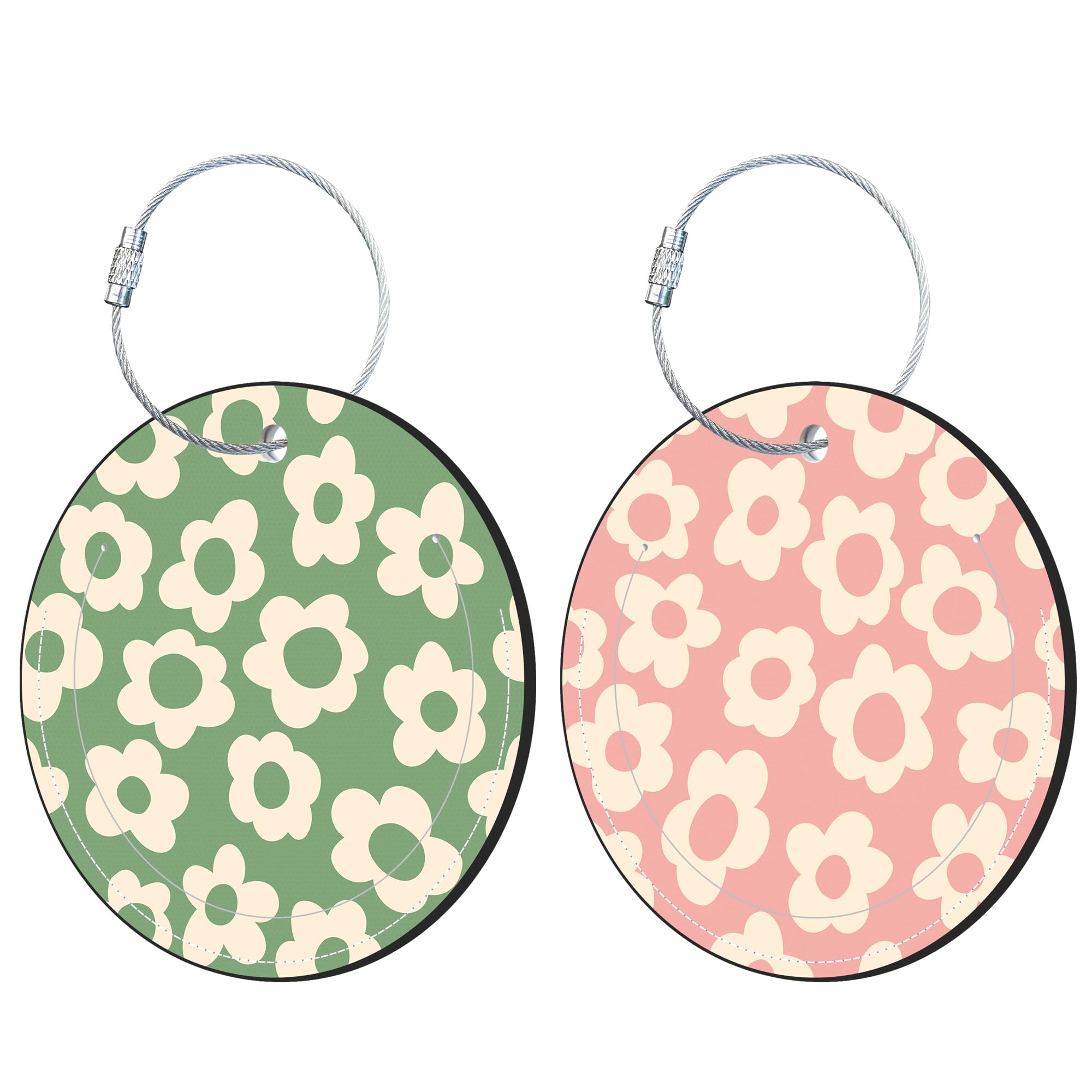 Vintage Groovy Flowers Luggage Tags 2 Pack - Round Cute Creative Suitcase ID Tags with Stainless Steel Loop & Privacy Flap for Cruise, Travel & Airplane Bags (Perfect for Vacation, Business Trips & Lost Luggage Identification)