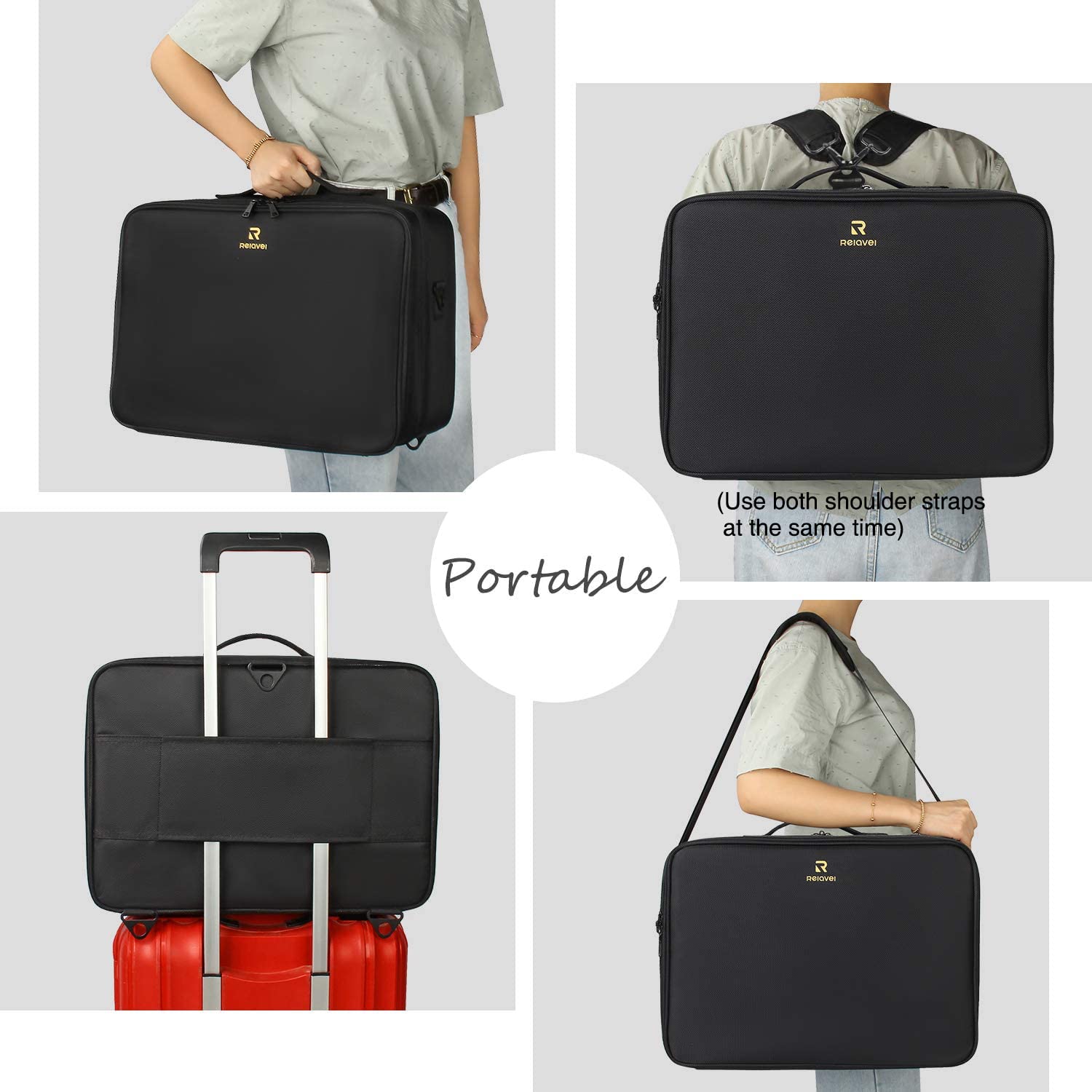 Relavel Extra Large Makeup Case & Brush Holder - Professional Cosmetic Organizer Bag with Adjustable Dividers, Shoulder Strap - Perfect for Travel, Salon & Home Storage (Black)