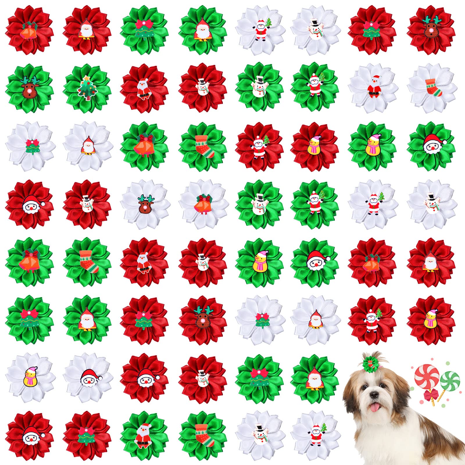Christmas Dog Hair Bows 60 Pack - Pet Grooming Accessories for Small to Large Dogs & Cats - Perfect for Holiday Photos & Parties