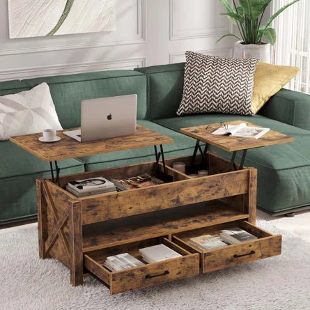Handmade Dextyn Lift-Top Coffee Table with 2 Storage Drawers - Rustic Living Room Furniture for Small Spaces, Perfect for Apartments & Home Decor