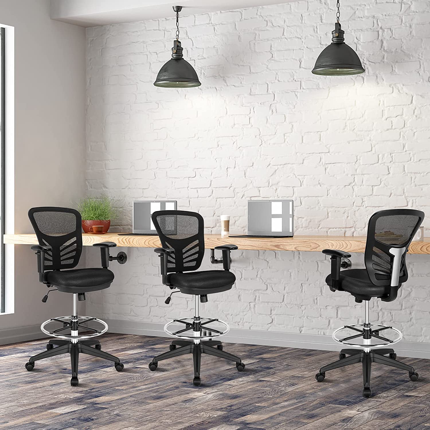 COSTWAY 2-Pack Ergonomic Mesh Office Chairs - Adjustable Height Standing Desk Chairs with Footrest & Armrests, Rolling Computer Drafting Chairs for Home Office (Black) | Perfect for Workspaces, Gaming Setups & Study Areas