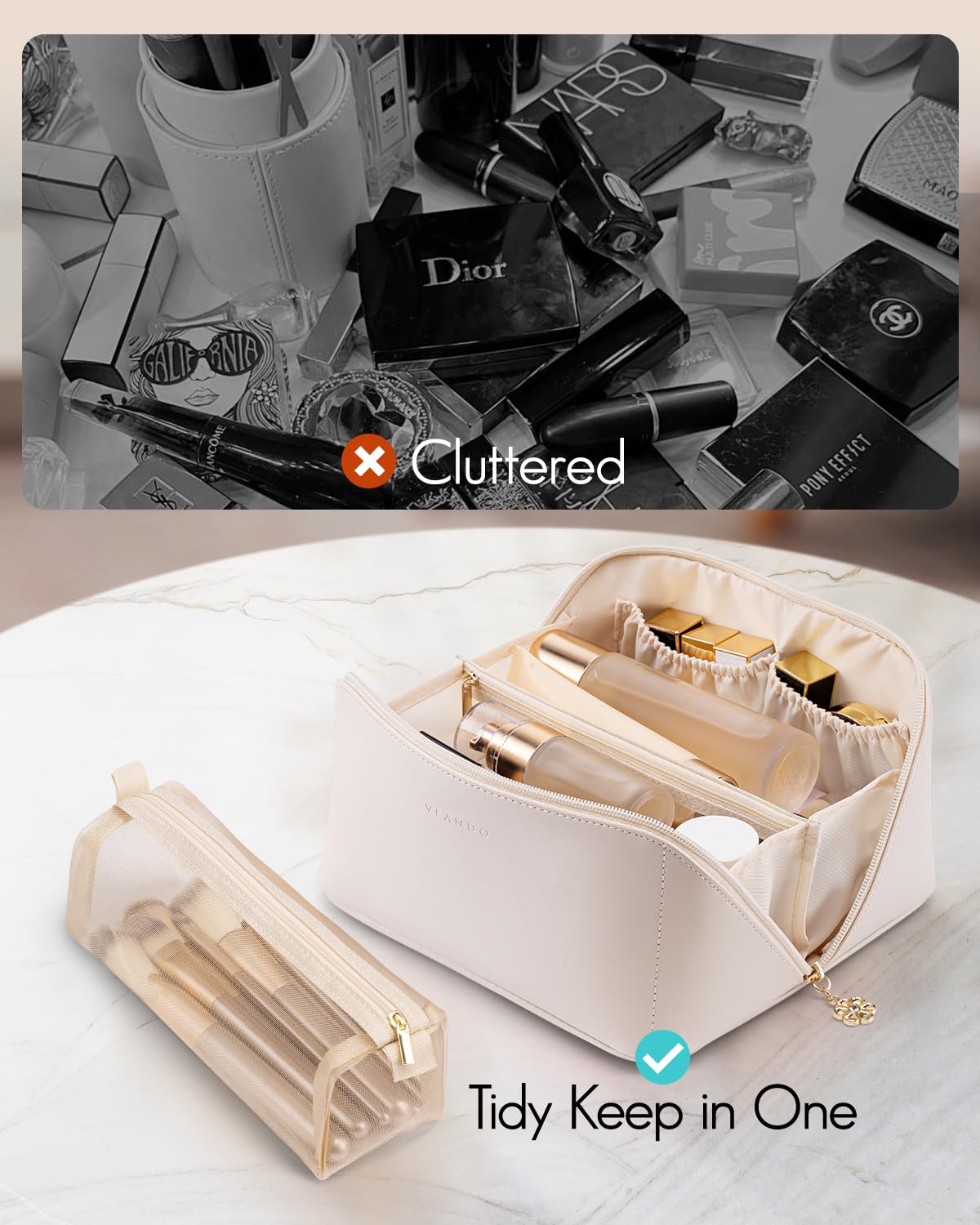 Vlando Travel Makeup Bag - Women's Toiletry Organizer with Divider | Perfect for Travel & Gifts