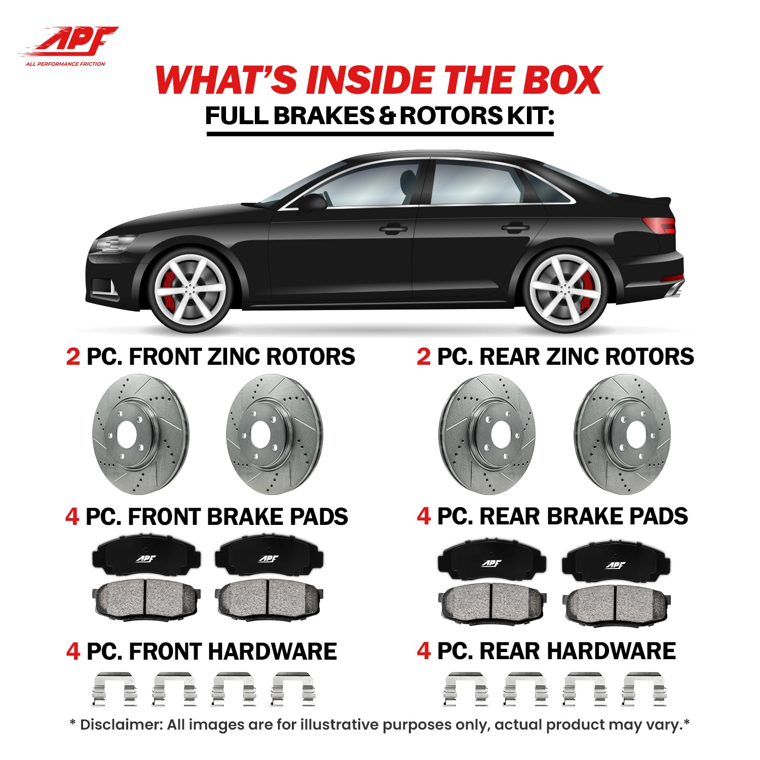 APF Full Brake Kit for Nissan Altima 2013-2019 - Zinc Plated Drilled & Slotted Rotors with Carbon Fiber Pads | 5-Lug | 10-Year Warranty | 4 Rotors & 8 Pads | Perfect for Performance Driving & Daily Commutes
