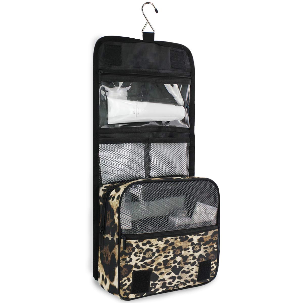 AUUXVA Leopard Print Travel Toiletry Bag - Hanging Cosmetic Organizer with Zipper Pockets for Women & Men | Portable Makeup Wash Bag for Vacation, Gym, Camping & Business Trips
