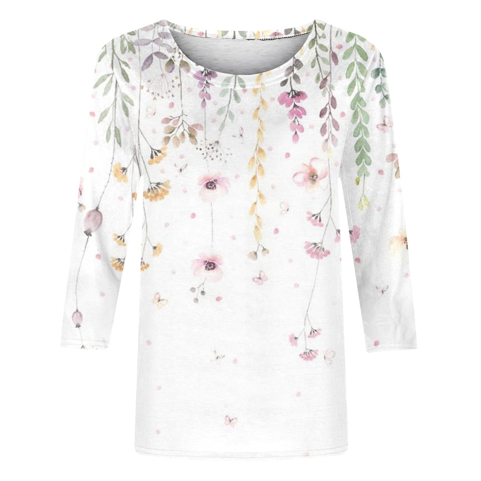 Women's 3/4 Sleeve Bohemian Floral Print Summer Tops - Casual Crewneck Blouses for Work, Date Night & Vacation | Lightweight Breathable Shirts