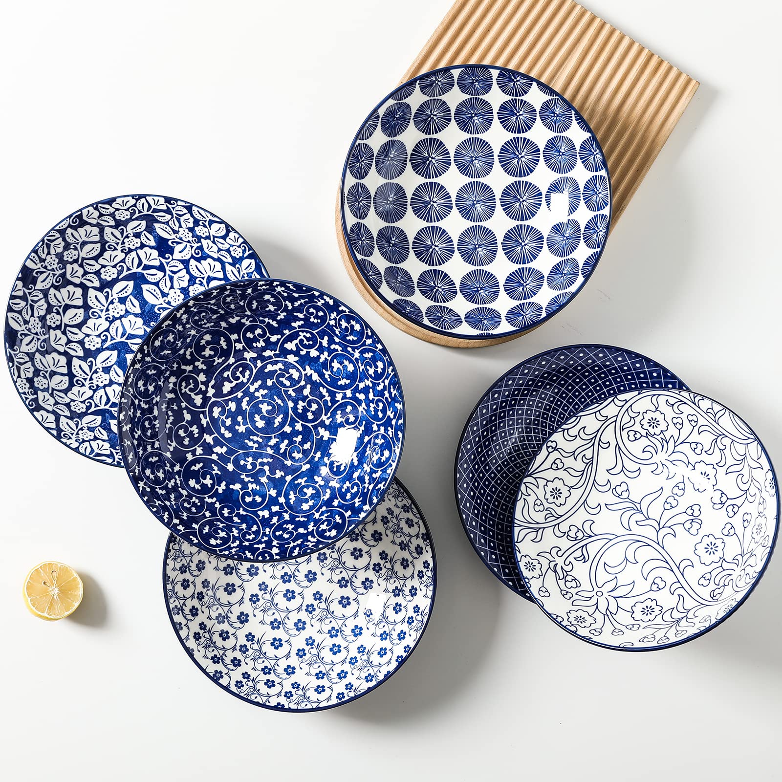 Selamica 30oz Ceramic Pasta Salad Bowls - Set of 6, 8 Inch Wide Shallow Soup Bowls, Stackable, Microwave & Oven Safe, Vintage Blue - Perfect for Serving Pasta, Salad, Soup, Ice Cream & Party Dishes