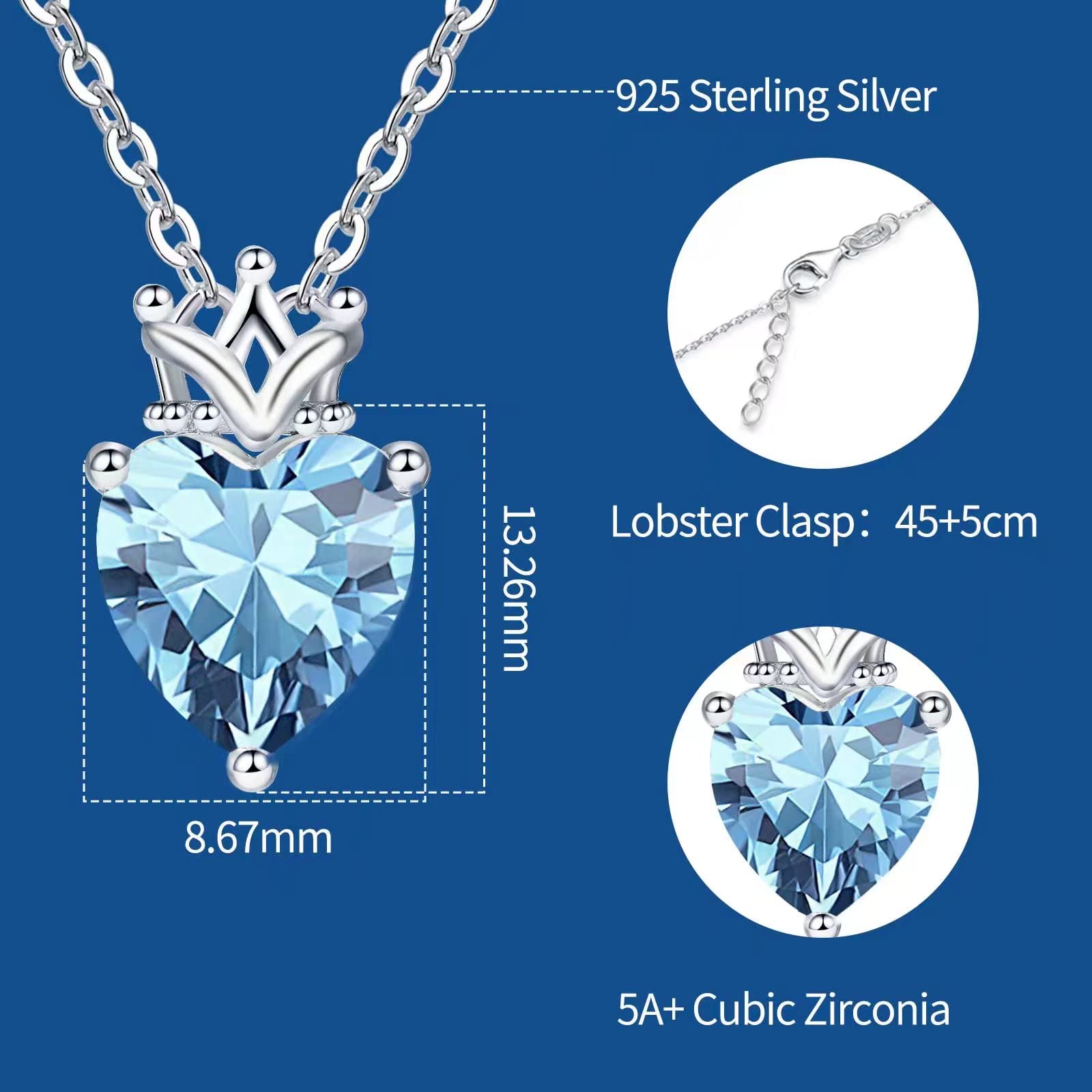 925 Sterling Silver Birthstone Heart Pendant Necklace with Crown & Cubic Zirconia - Elegant Princess Queen Jewelry for Women | Perfect Birthday Gift, Anniversary Present & Everyday Wear