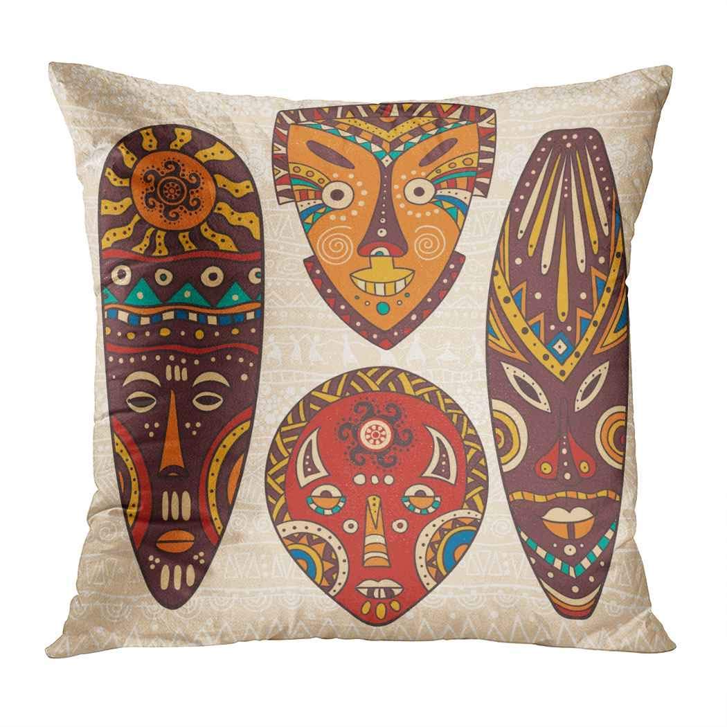 African Masks Throw Pillow Cover Set of 4 - 24x24 Inch Brown Linen Pillow Covers - Soft & Cozy Decorative Cushion for Sofa, Couch, Bed, Bench - Perfect for Farmhouse, Living Room, Bedroom - Great Gift for Christmas, Father's Day, Halloween