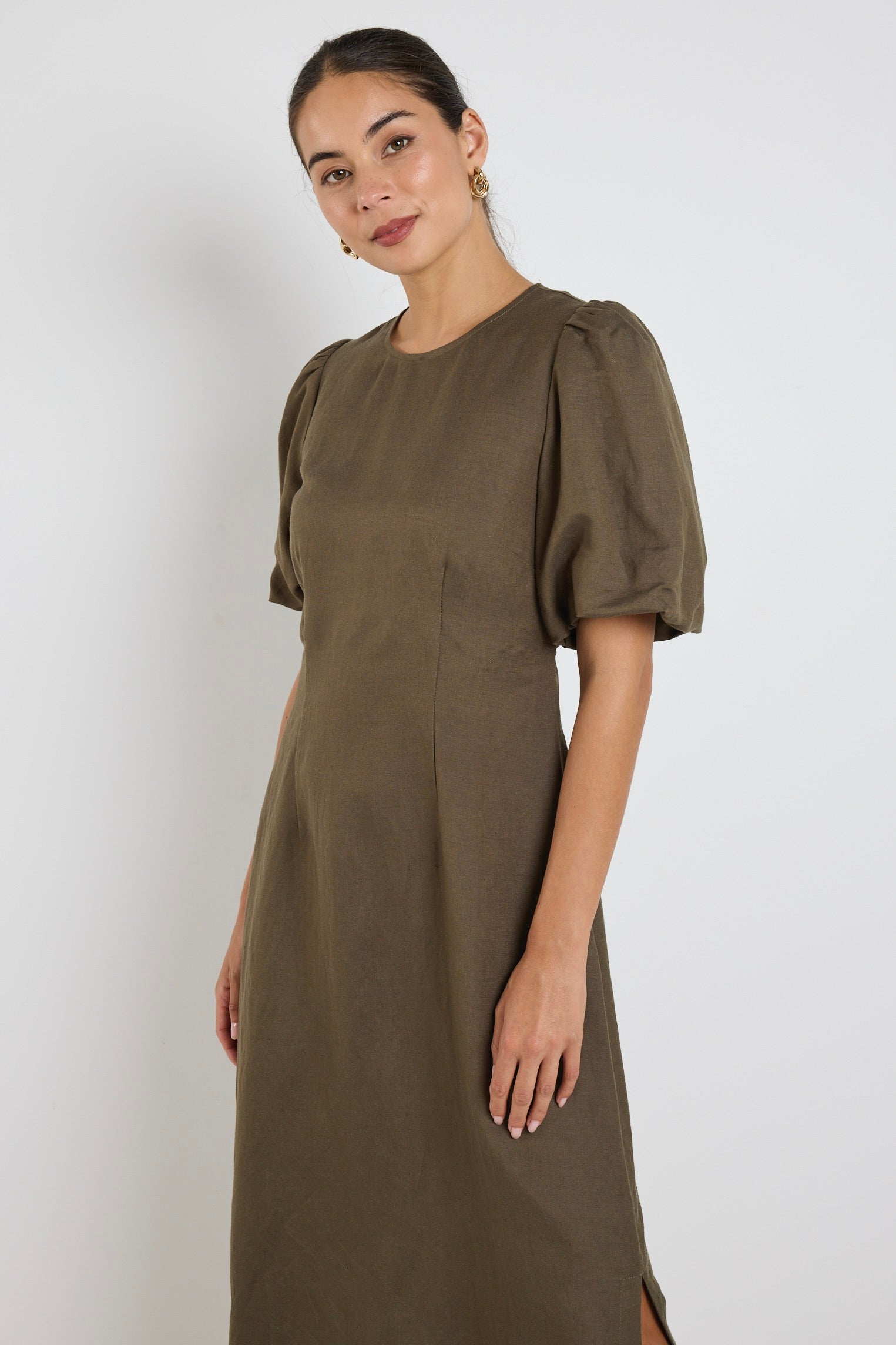 Elder Khaki Linen Blend Puff Sleeve Midi Dress for Women | Summer Casual Boho Style Dress | Perfect for Beach Vacations, Brunch Dates & Outdoor Weddings