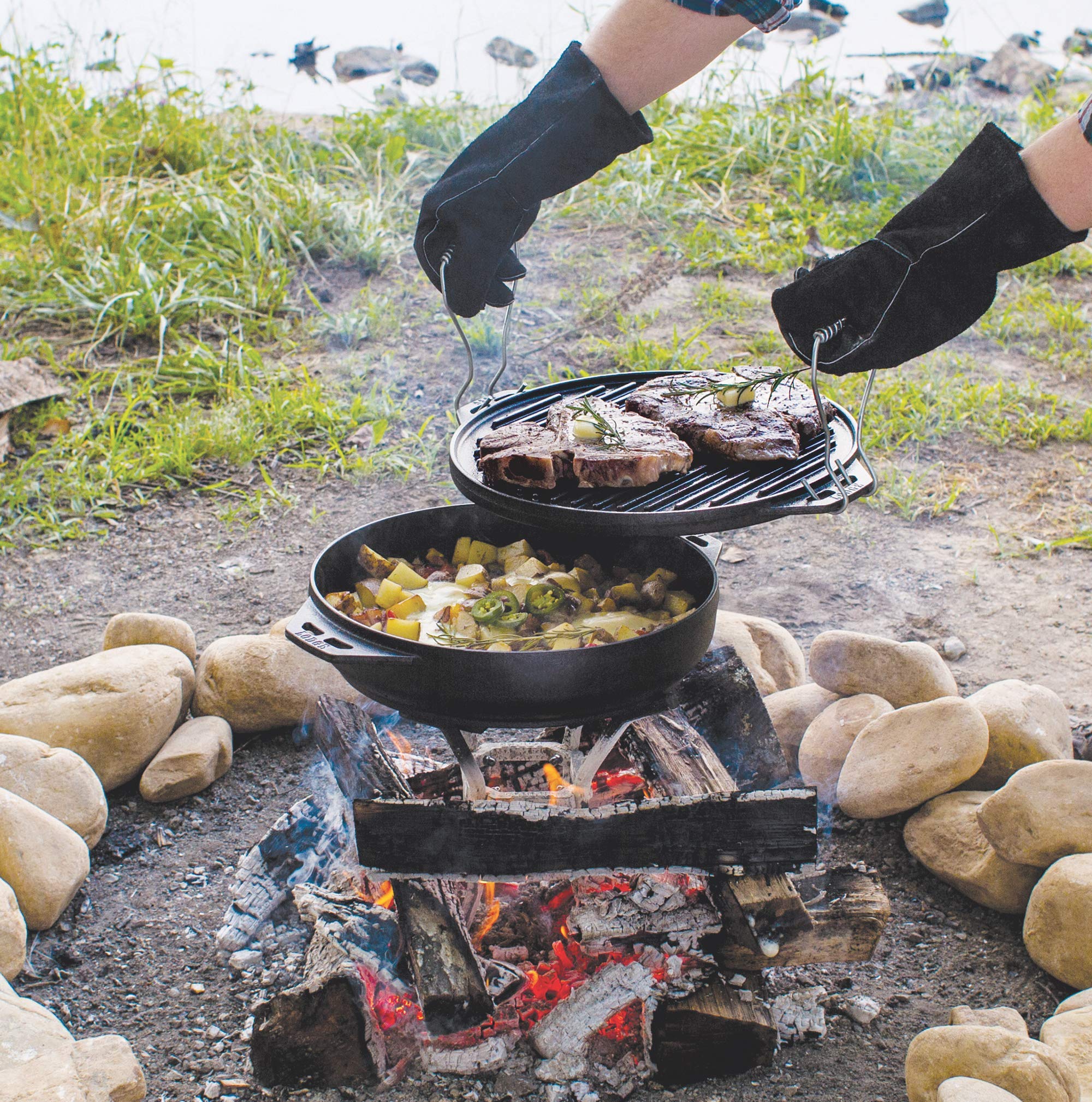 Lodge Cast Iron Cook-It-All Kit - 5-Piece Cast Iron Cookware Set with Reversible Grill/Griddle (14 Inch), 6.8 Quart Dutch Oven/Wok, Heavy Duty Handles & Cooking Guide - Perfect for Camping, Outdoor Cooking & Home Kitchen Use