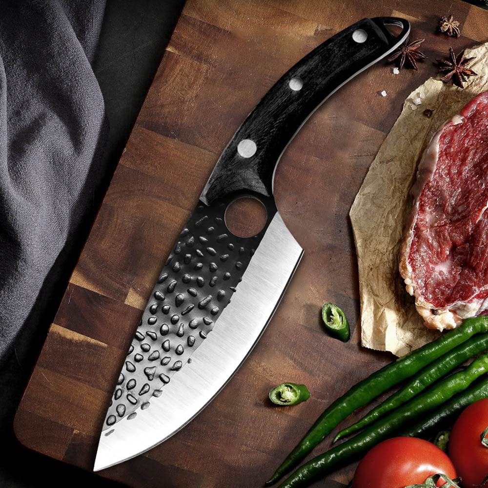 Handmade Forged 6 Inch Meat Cleaver & Boning Knife - 5Cr15Mov Stainless Steel Outdoor Survival & Cooking Knife - EDC Chef Tool for Camping, Hunting & Kitchen Use (Type 2)