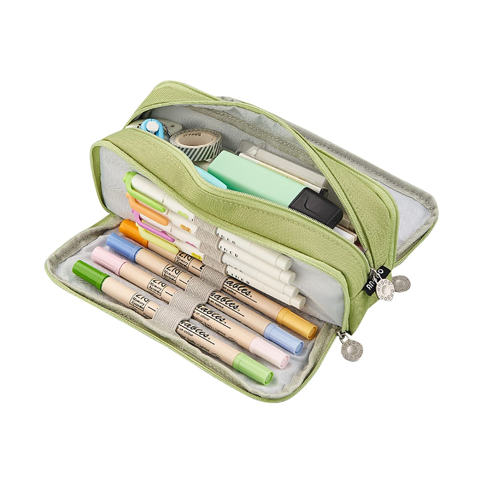 JKIOOW Large Capacity Colored Canvas Storage Pouch - Waterproof Marker Pen Pencil Case Organizer for School, Office & Travel - Perfect for Students, Artists & Professionals (Green, 8.27×1.97×3.54 inches) - Ideal for Organizing Stationery, Makeup & Small Essentials