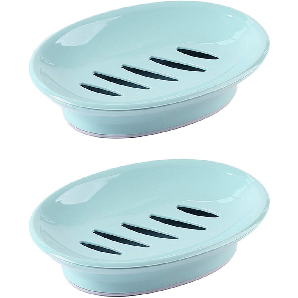 WYOK 2-Pack Soap Dish with Drain - Non-Slip Soap Holder Tray for Shower, Bathroom & Kitchen - Prevents Mushy Soap, Easy to Clean (Blue) - Perfect for Keeping Your Soap Dry and Hygienic in Wet Areas