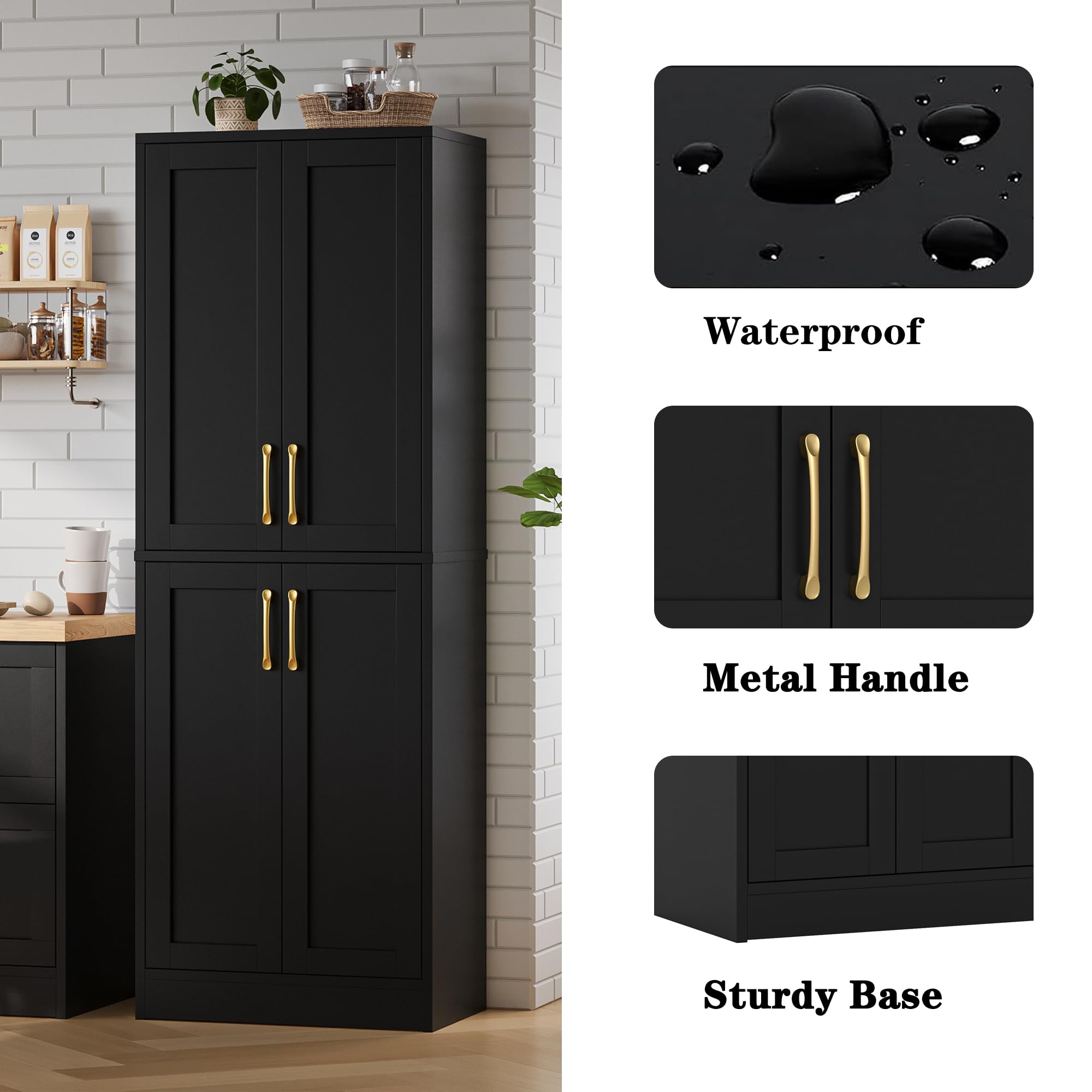 4-Door Adjustable Shelf Kitchen Pantry Cabinet - Freestanding Tall Black Storage Cupboard for Dining Room, Living Room, Laundry & Bathroom | Perfect for Home Organization, Spice Storage & Household Supplies