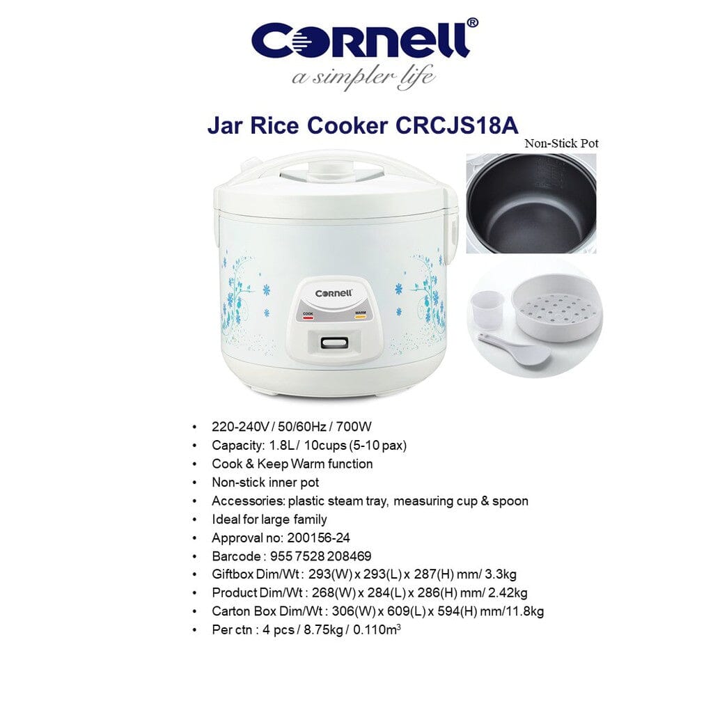Cornell 1.8L Electric Rice Cooker with Steamer Basket - Small Kitchen Appliance for Perfect Rice, Grains & Vegetables | Ideal for Dorms, Apartments & Camping