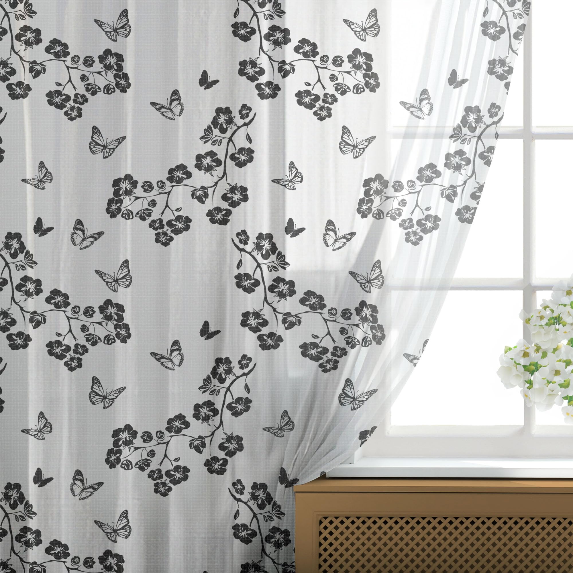 Ambesonne Black White Butterfly Tulle Curtains - Japanese Inspired Monochrome Sakura Blossom Design, Sheer Window Drapes with Rod Pocket (2 Panels 108