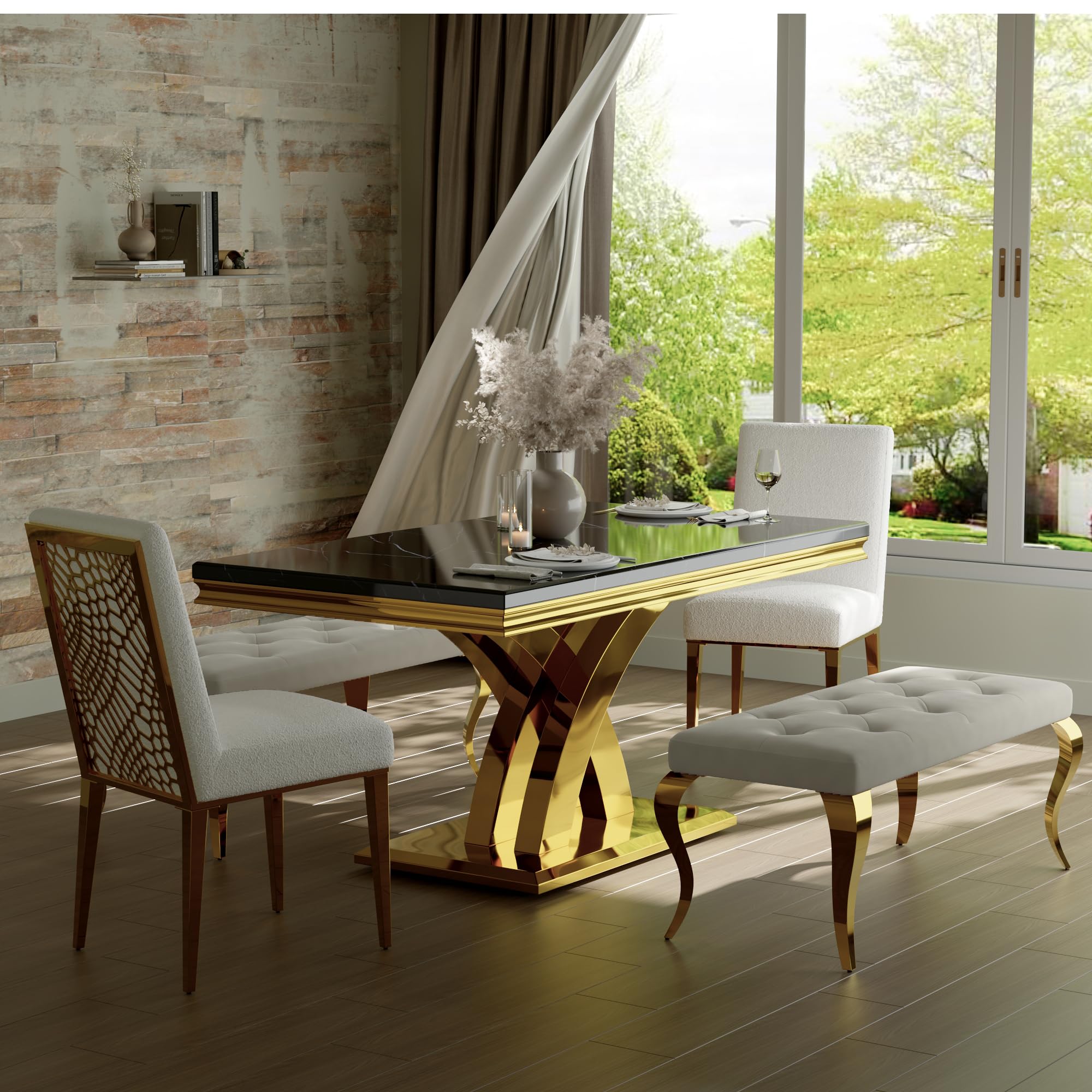 AUZ Beige Velvet Bench with Button Tufted Upholstery & Gold Cabriole Legs - Elegant Dining Table Bench for Kitchen, Bedroom, Living Room | Perfect for Seating, Decor & Small Space Solutions