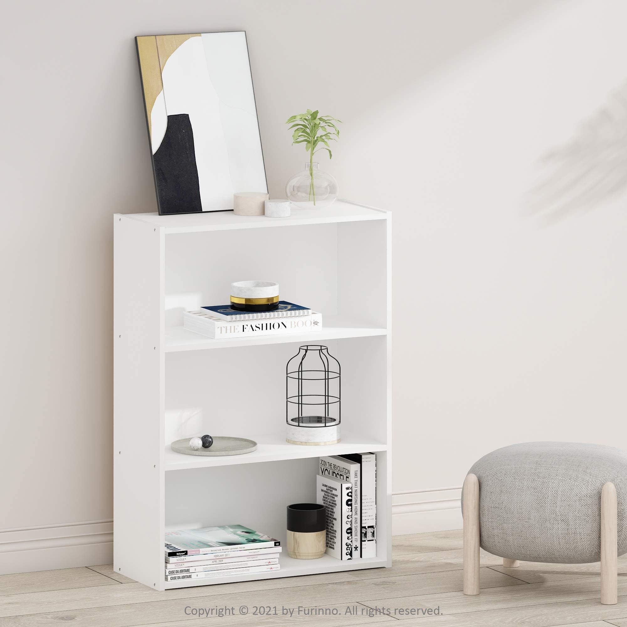 Furinno Pasir 3-Tier Open Shelf Bookcase, White - Modern Storage Solution for Books, Toys & Home Decor | Perfect for Living Room, Bedroom or Office Organization