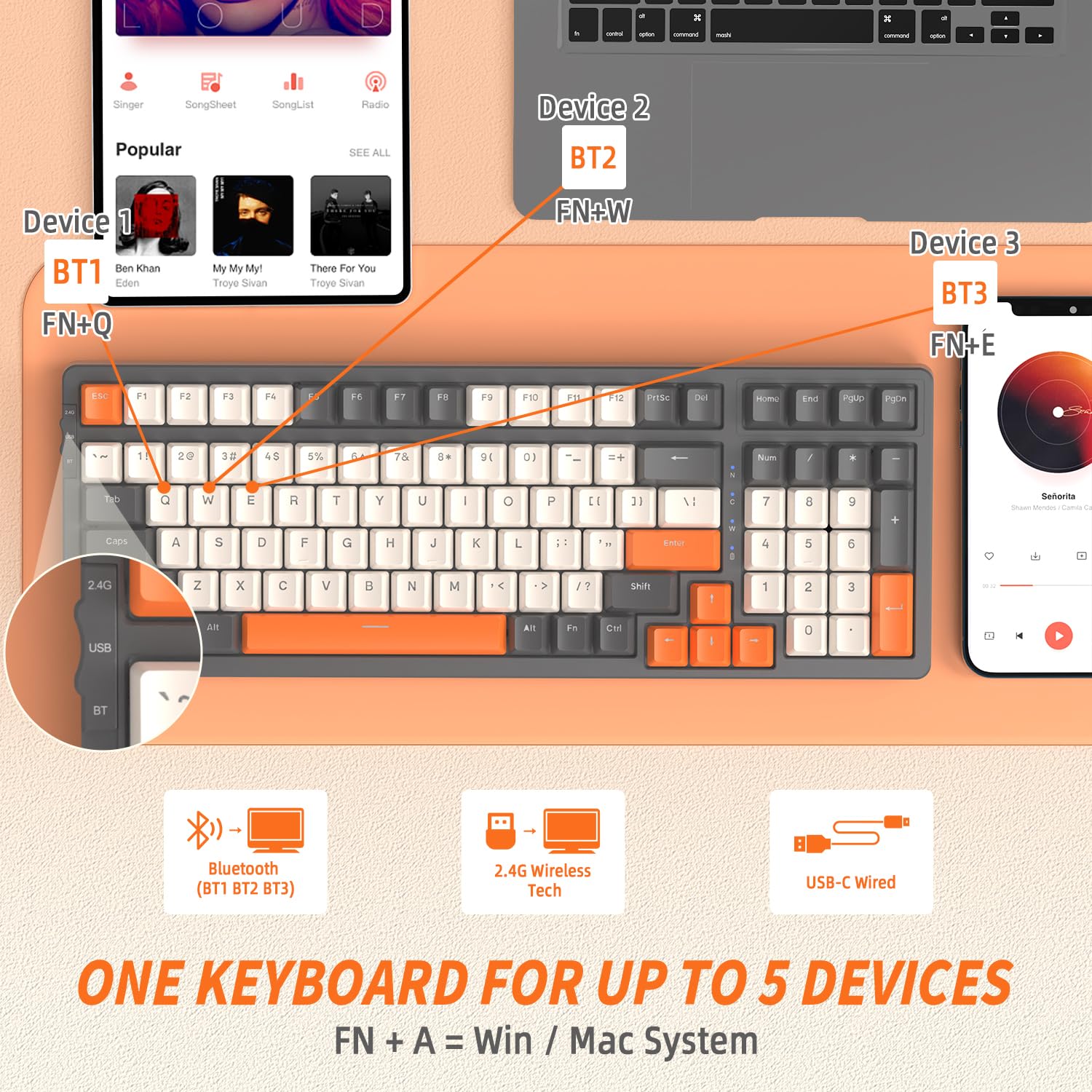 FREEWOLF K8 Wireless Mechanical Gaming Keyboard - Hot Swappable RGB Backlit, Red Switches, Bluetooth 5.0/2.4Ghz/USB-C Tri-Mode, 4000mAh Battery, US Layout for Mac/Windows (Grey/Orange) - Perfect for Gaming, Office Work & Typing Enthusiasts