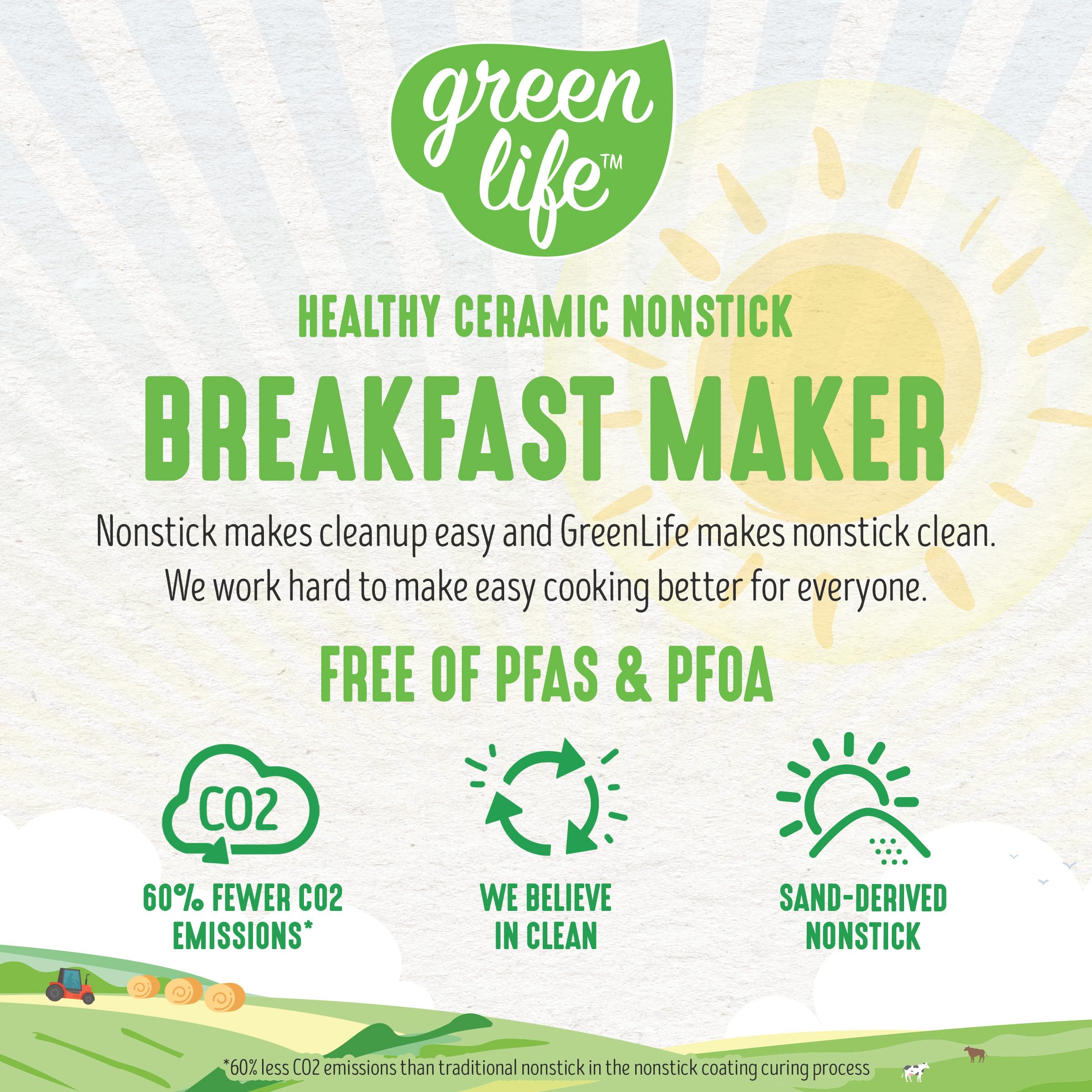 GreenLife 3-in-1 Breakfast Maker Station - Healthy Ceramic Nonstick Dual Griddles for Eggs, Meat, Sausage, Bacon & Pancakes - 2 Slice Toaster with Timer - Perfect for Quick Breakfast, Camping & Small Kitchens - White