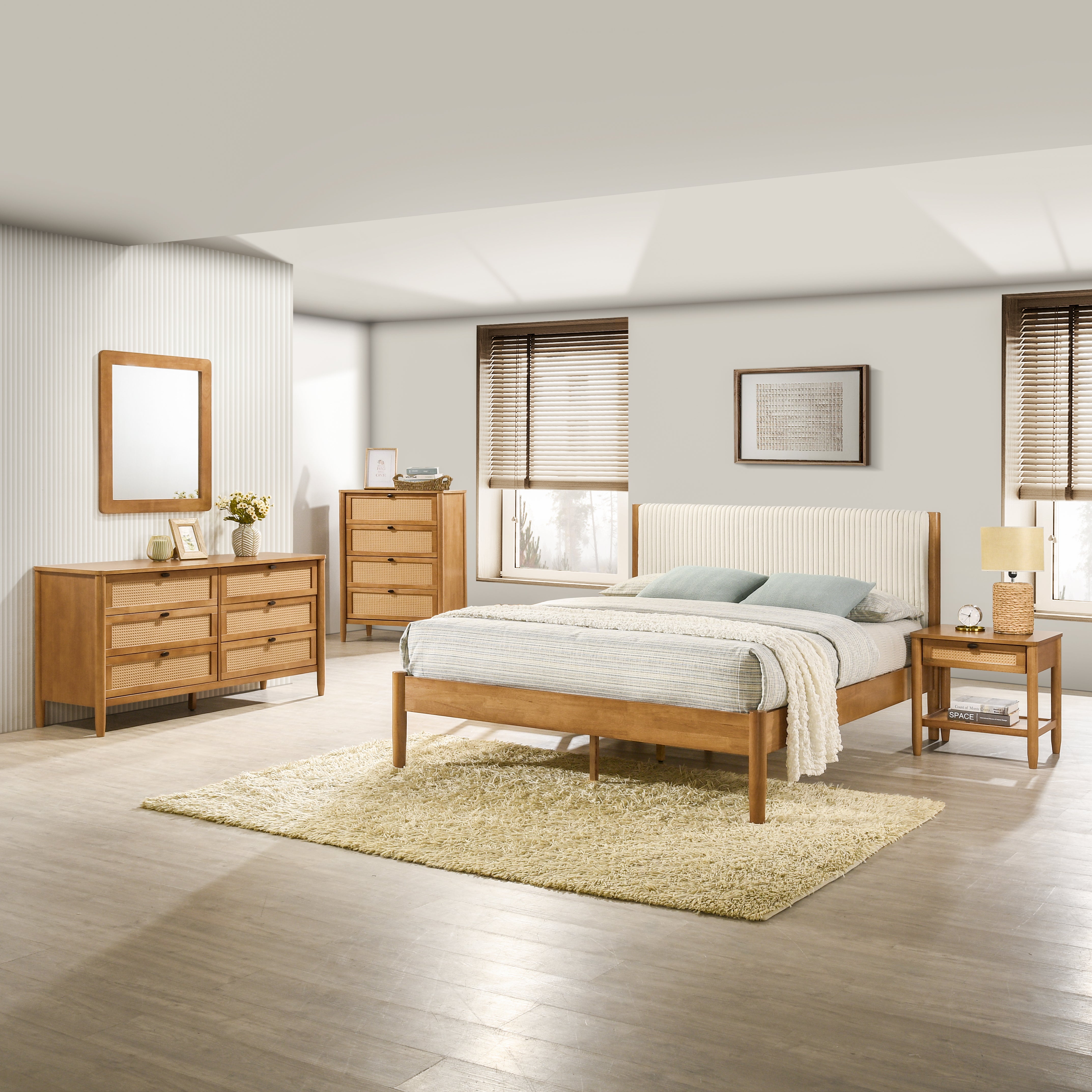 Roundhill Furniture Vichy 5-Piece Rubberwood Bedroom Set with Upholstered Queen Bed, Dresser, Mirror, Nightstand & Chest - Complete Bedroom Furniture for Master Bedroom, Guest Room or Apartment