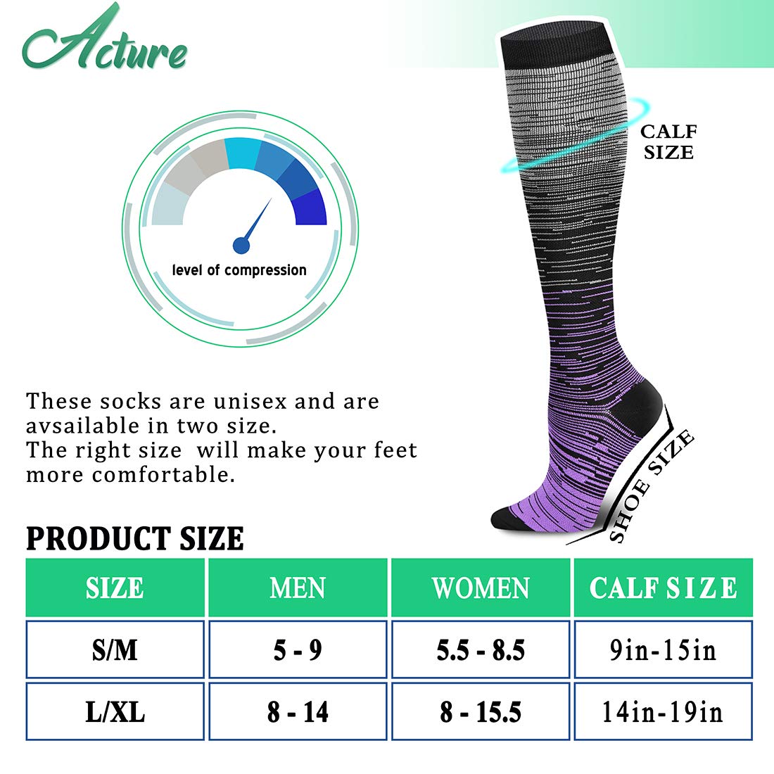 Acture 6 Pairs Compression Socks for Men & Women (15-20mmHg) - Best for Running, Sports, Medical Support, Pregnancy & Travel - Improve Circulation & Reduce Swelling for Athletes, Nurses & Frequent Flyers